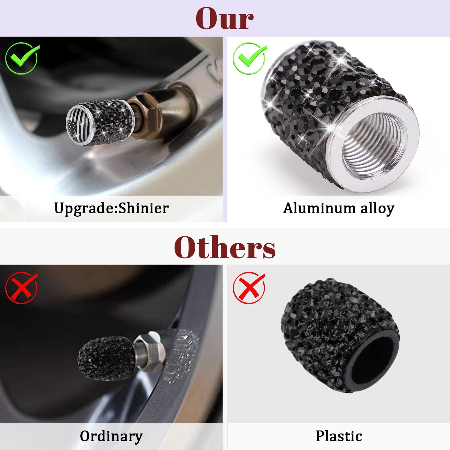 ToBeQueen Bling Black Flag Valve Stem Covers, 4 Pack Handmade Crystal Rhinestone Diamond Tire Caps Universal Dustprood Bling Fla