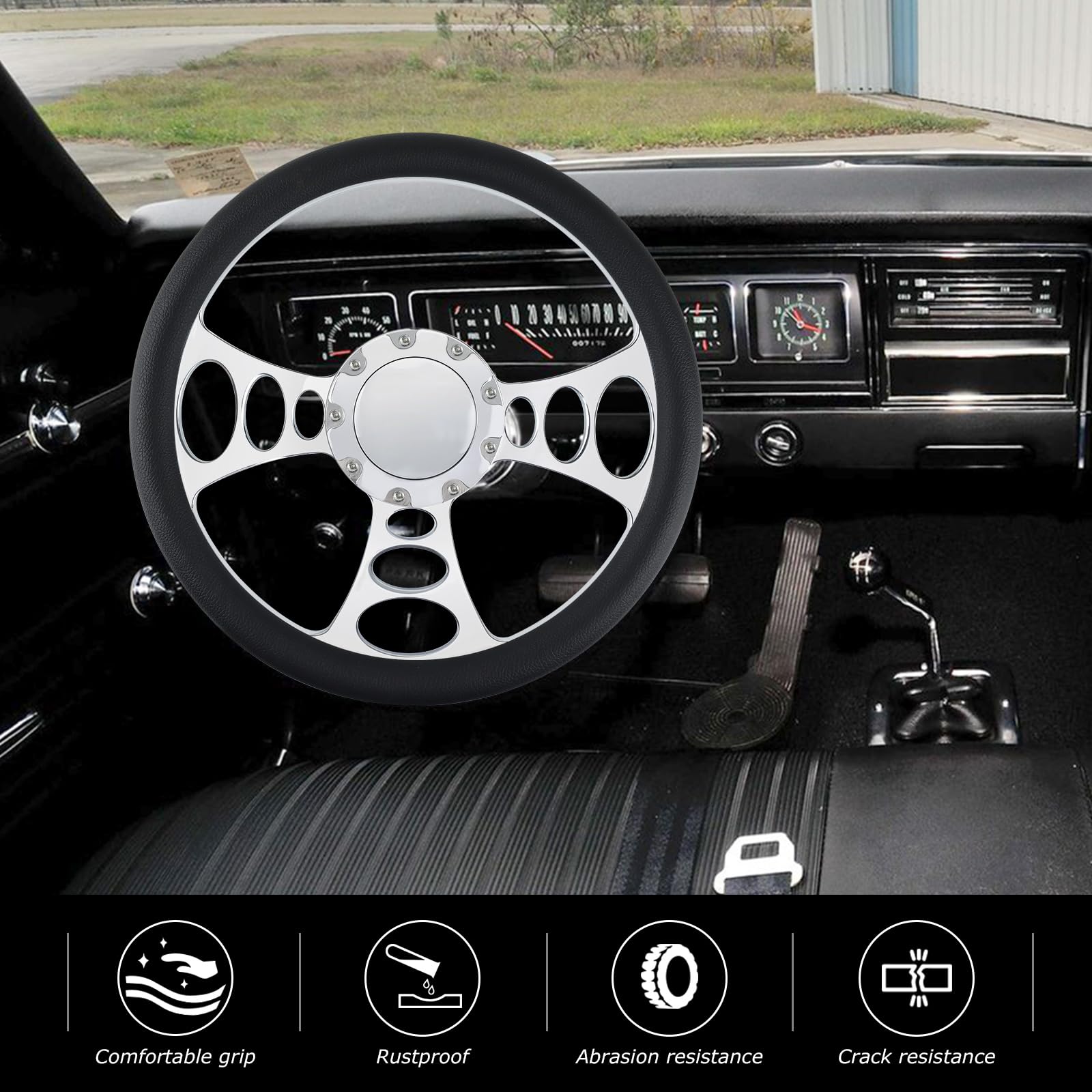 QYMOPAY 9 Bolt Disc Steering Wheel, 14'''' Leather billet steering wheel, 3-Spoke Steering Wheel with Holes, Fits most 9-hole ca