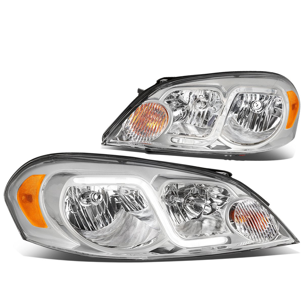 Dna Motoring Hl-Lb-Ci06-Ch-Am Chrome Amber Headlights With Led Day Running Light Strip Replacement For 06-13 Impala