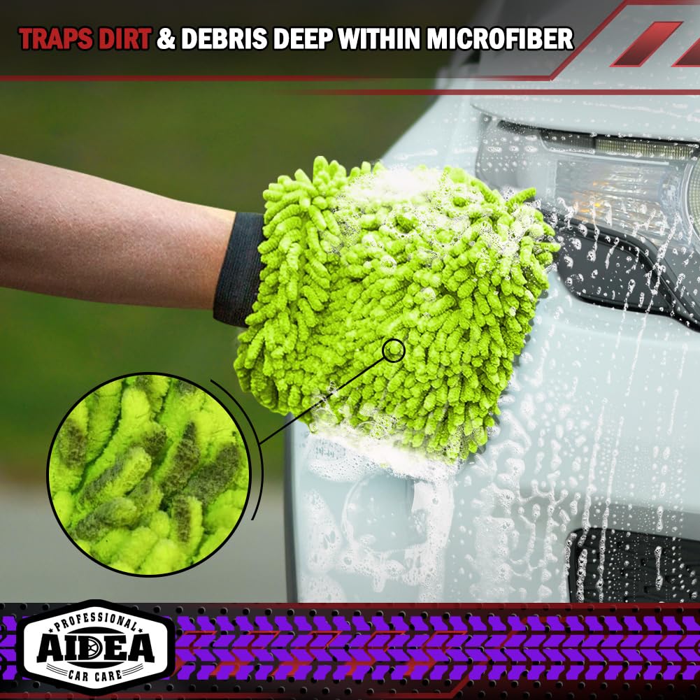 Aidea Car Wash Mitt Microfiber, 2Pk Scratch Free Lint-Free, Premium Chenille Microfiber Mitt Car Wash Brush, Green, Regular Size