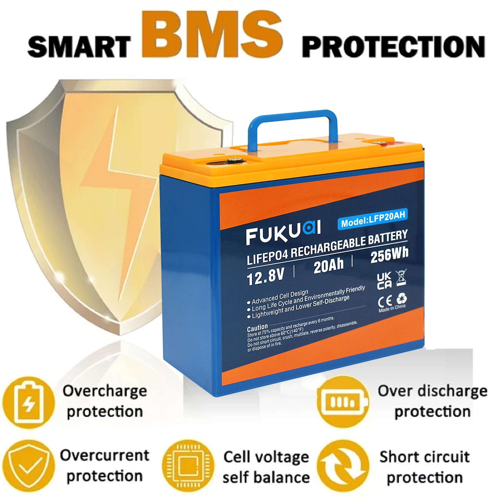 Fukuai 12V 20Ah Lithium Lifepo4 Battery, 2000+ Deep Cycles Lithium Iron Phosphate Battery For Solar System, Marine, E-Scooters A