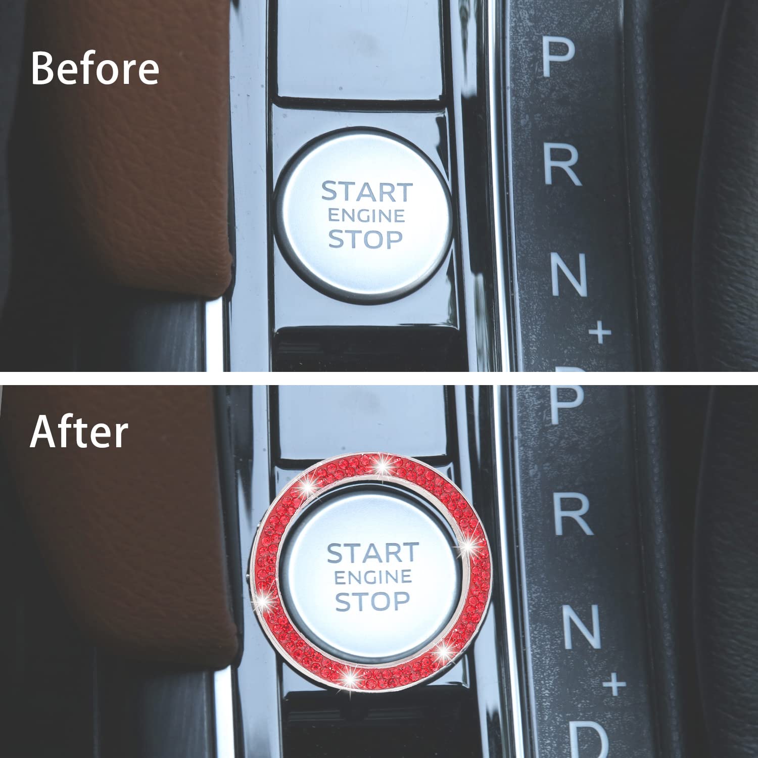 Livtee 2 Pcs Crystal Double Rhinestone Car Engine Start Stop Decoration Ring, Bling Car Interior Accessories For Women, Push To Start Button Cover/Sticker, Key Ignition & Knob Bling Ring, Red