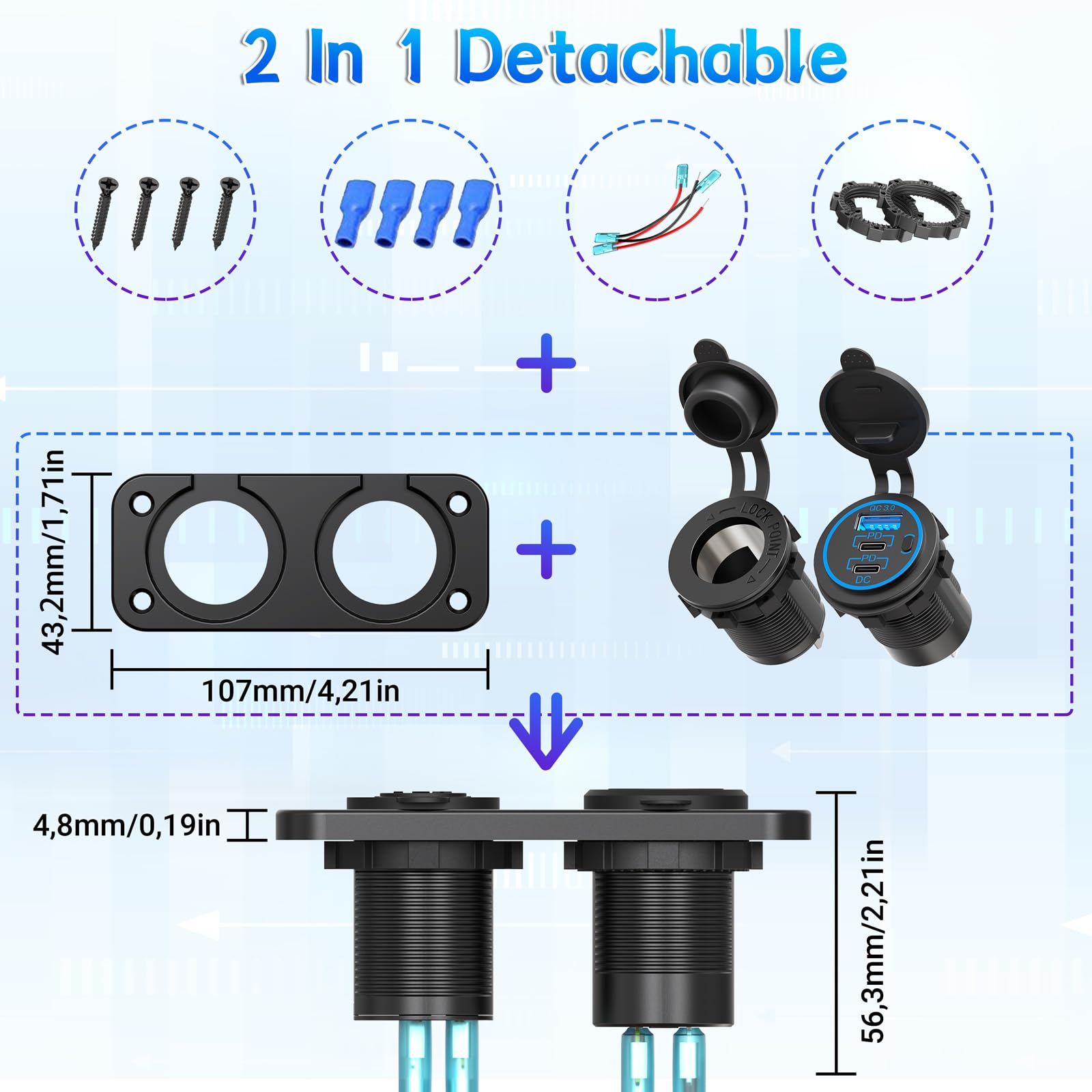 Cigarette Lighter Socket Qidoe 12V Splitter Panel 78W 12V Usb Outlet Dual Usb C Pd&Qc3.0 Car Charger Socket On/Off Switch Waterp