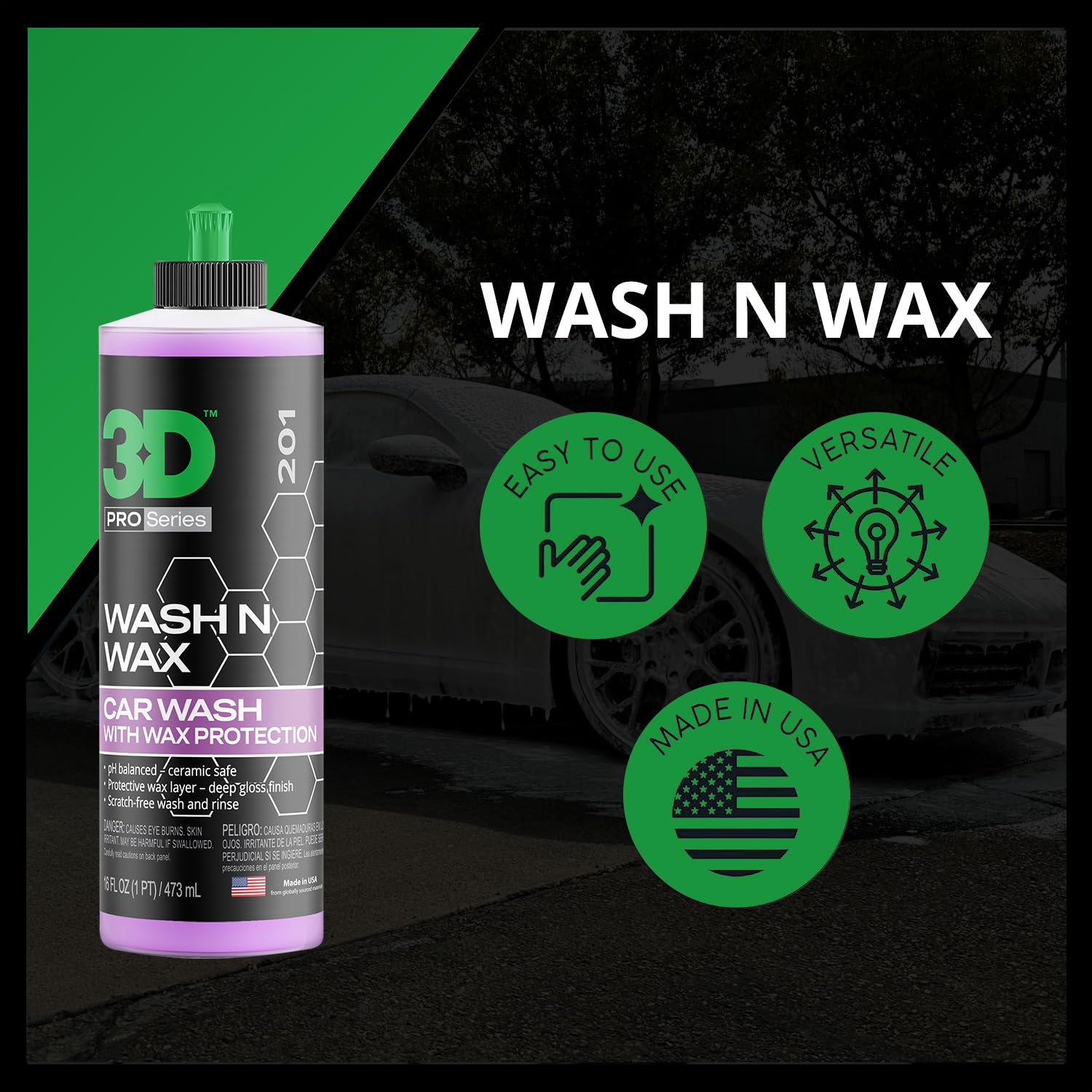 3D Wash N Wax Car Wash Soap - Ph Balanced, Easy Rinse, Scratch Free Soap With Wax Protection - 16Oz.