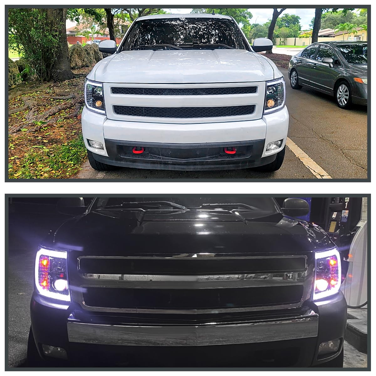 Spec-D Tuning Led Light Bar Jet Black Housing Clear Lens Projector Headlights Lamps Compatible With 2007-2013 Chevy Silverado 1500, Left + Right Pair Headlamps Assembly