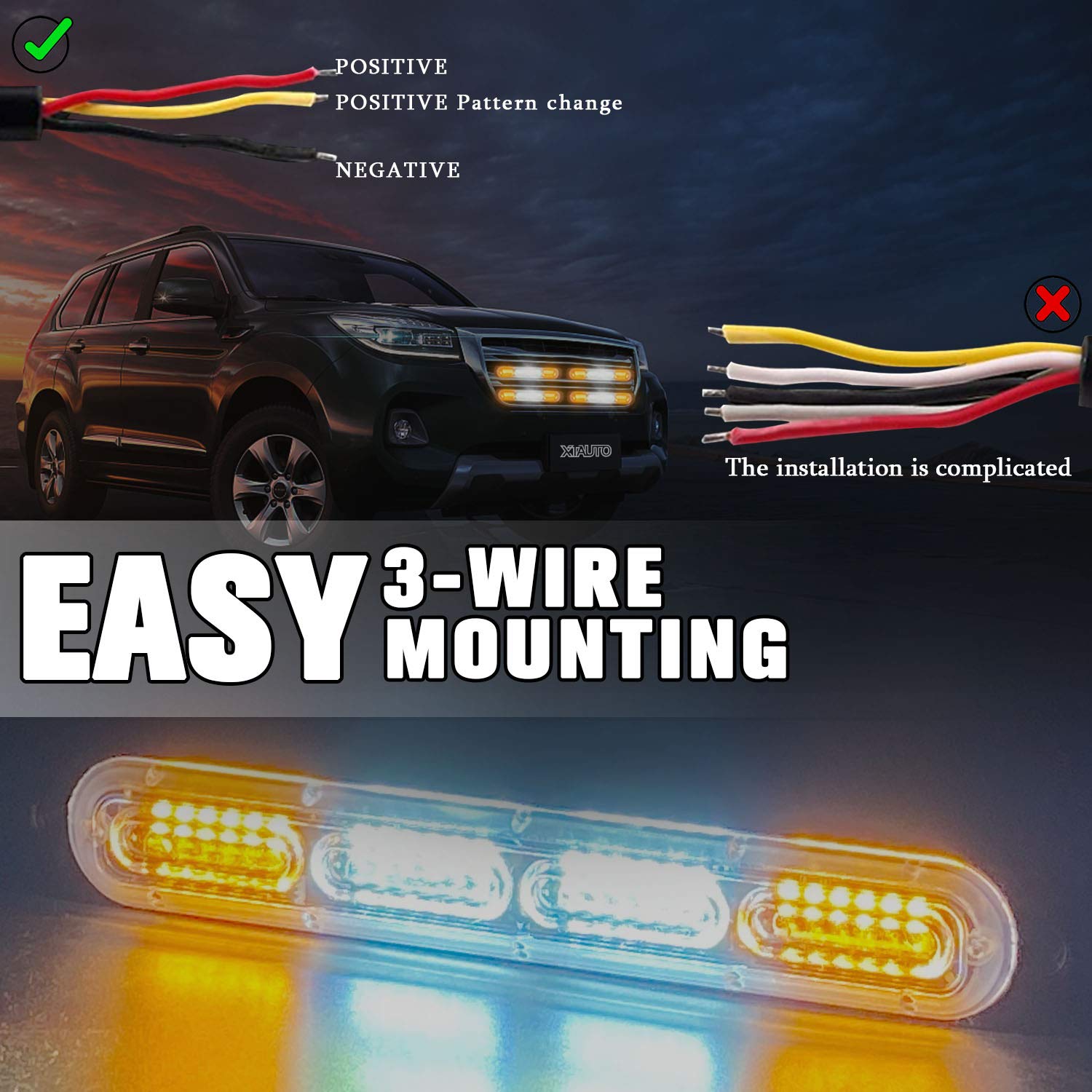 Xtauto Led Emergency Strobe Light 24-Led Amber White Amber Ultra-Thin Surface Mount Flashing Warning Beacon Hazard Construction
