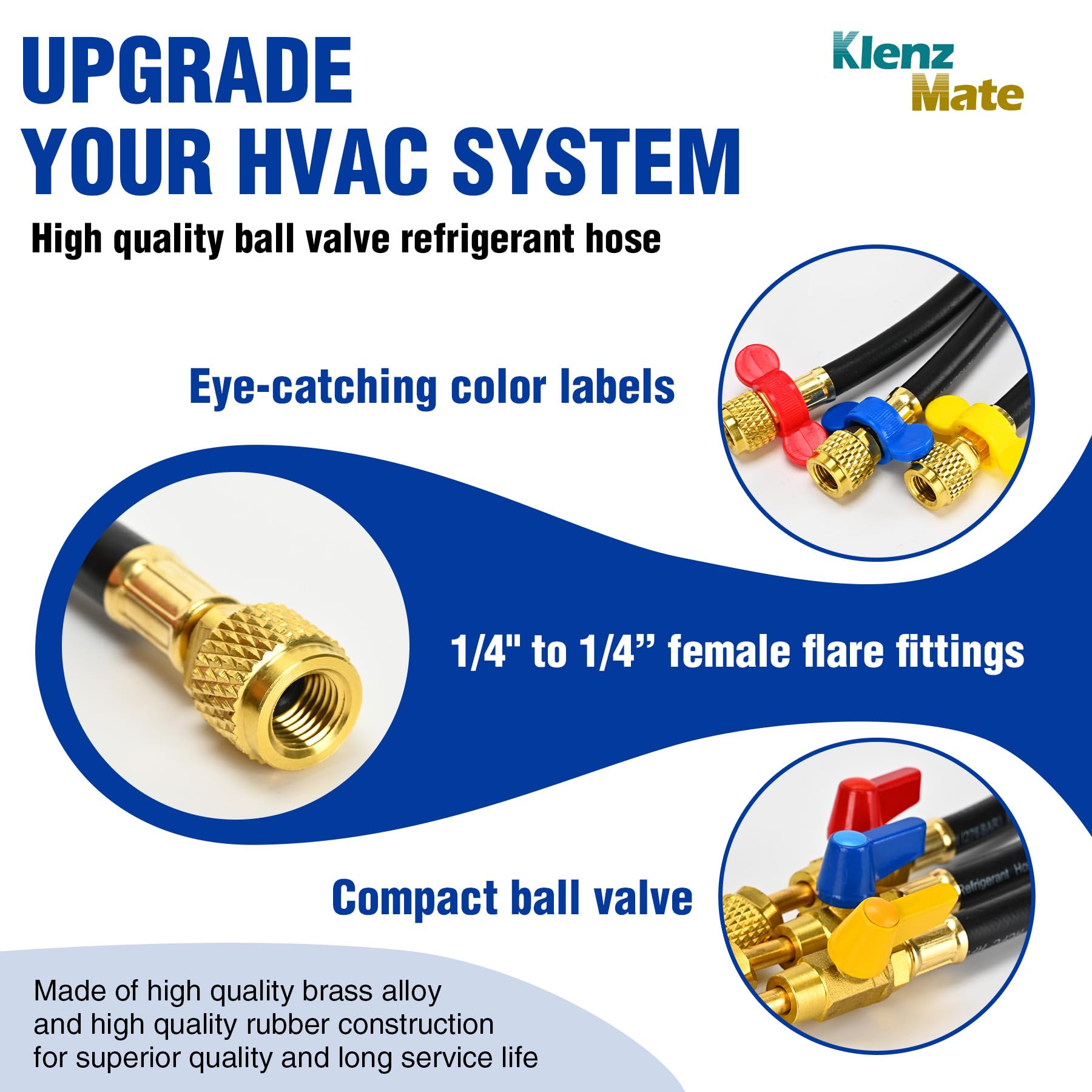 KlenzMate Upgraded 1/4 A2L Refrigerant Hose,72, Compact Ball Valve Refrigerant Hose Kit with Color Label for R-1234YF R-134A
