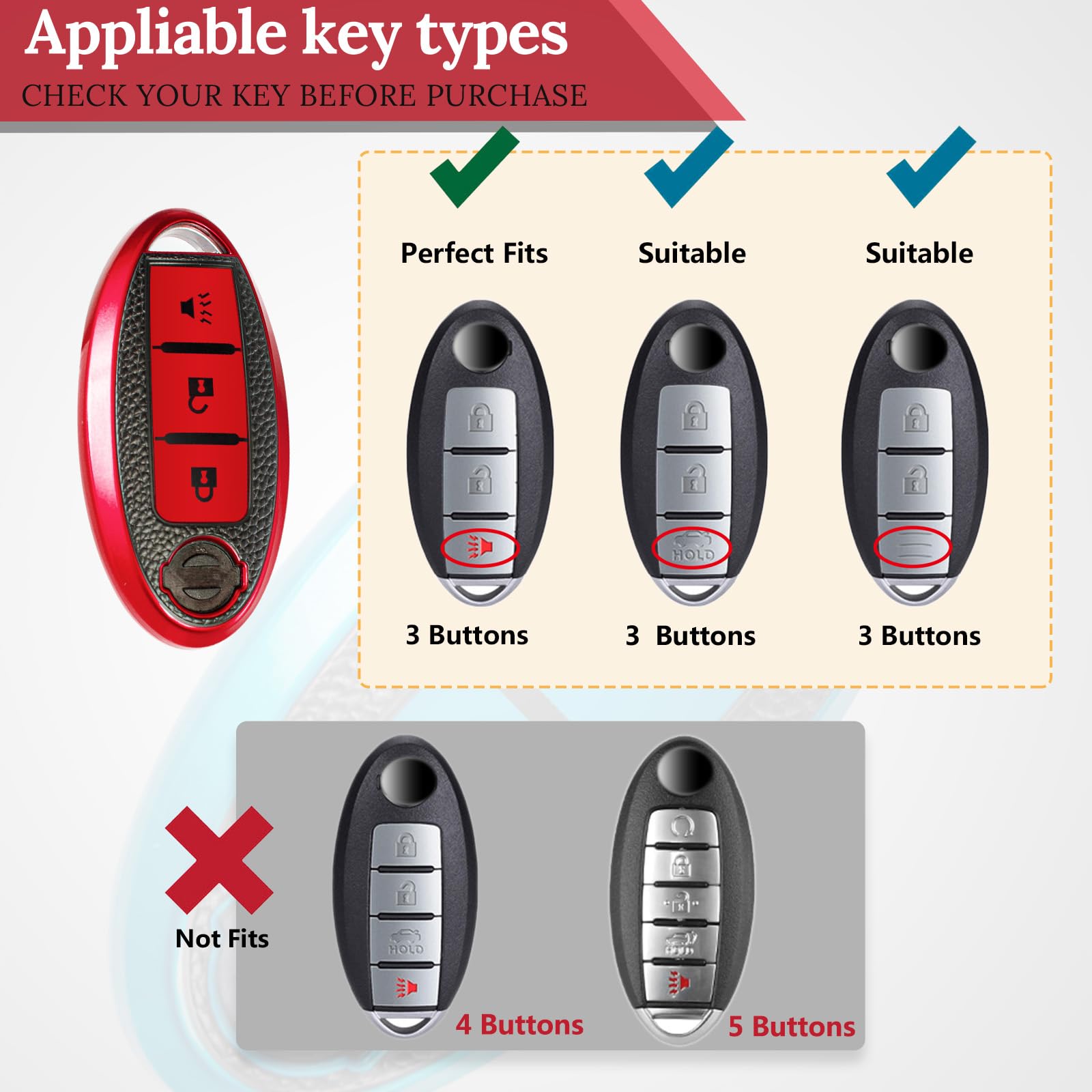 Ctrinews For Nissan Key Fob Cover With Leather Keychain, Advanced Soft Tpu Surface Grain Key Case For Nissan Key Shell (3 Button