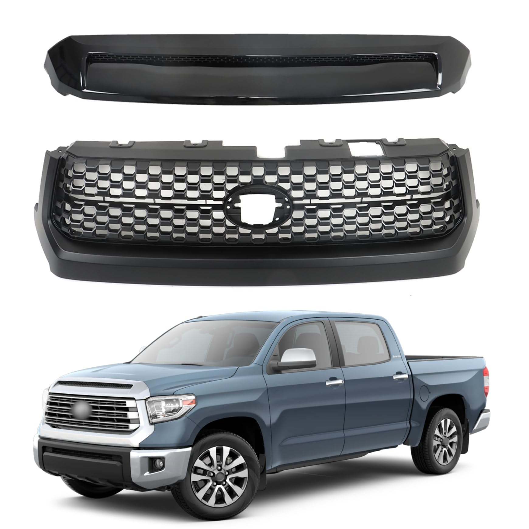 Silscvtt Front Bumper Grille Matte Black and Hood Bulge Molding Glossy Black Honeycomb Style Replacement for Toyota Tundra 2014-