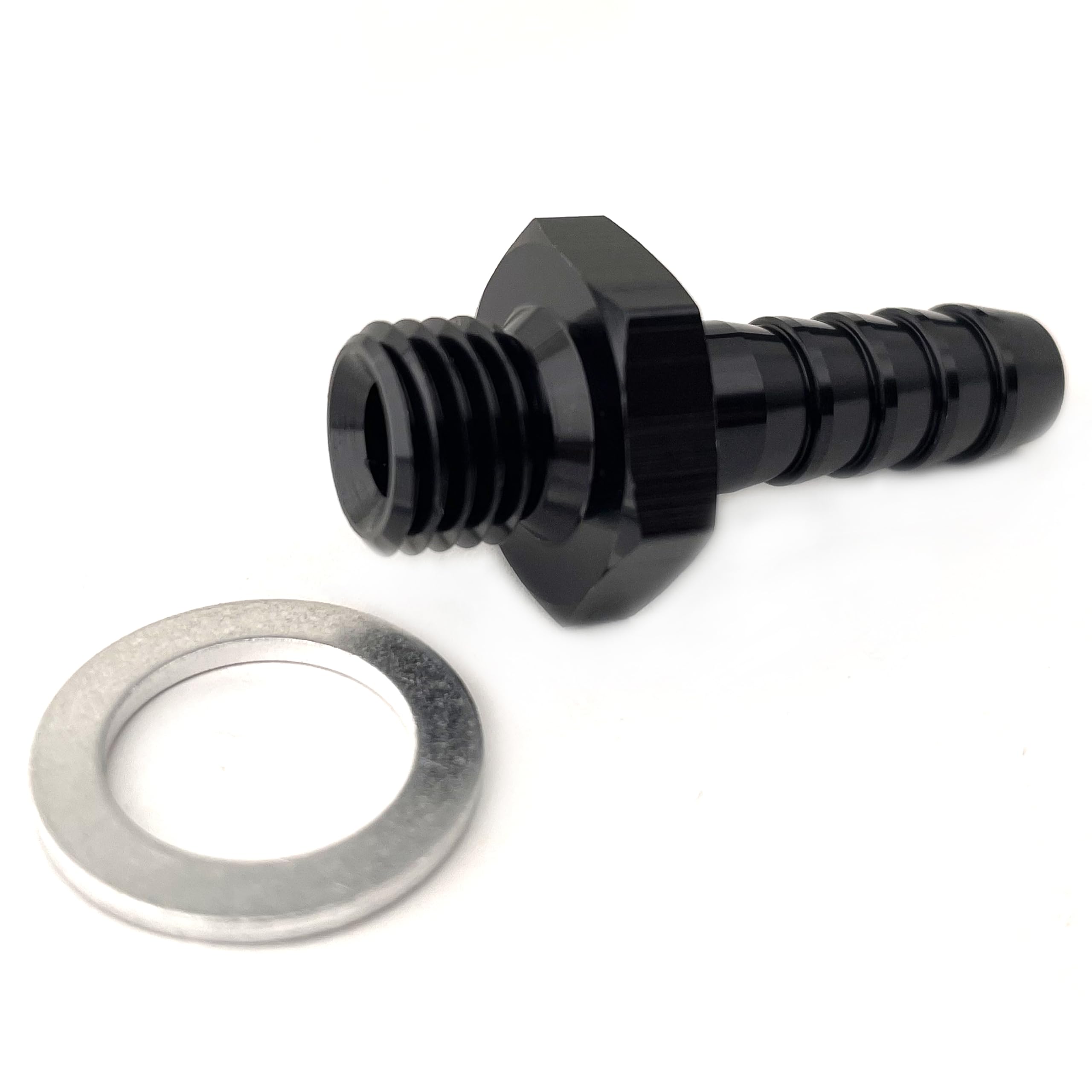 M12x1.5 Male to 3/8 (9.5mm) Hose Barb Fitting Fuel Oil Pump Inlet Adapter with AL Washer Aluminum Black Anodized