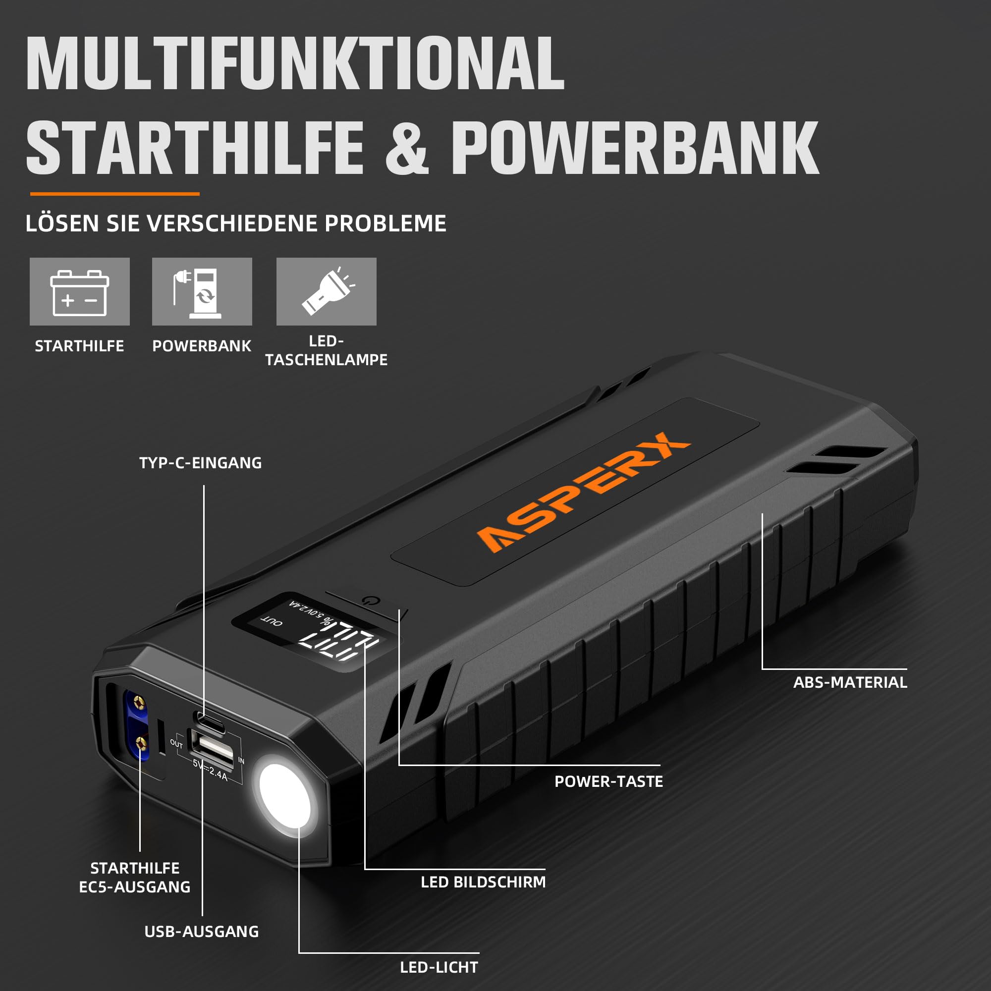 Asperx Car Jump Starter, 4000A Peak Battery Starter For All Gas Or 10.0L Diesel Engines, 12V Battery Starter, Jump Box With Usba