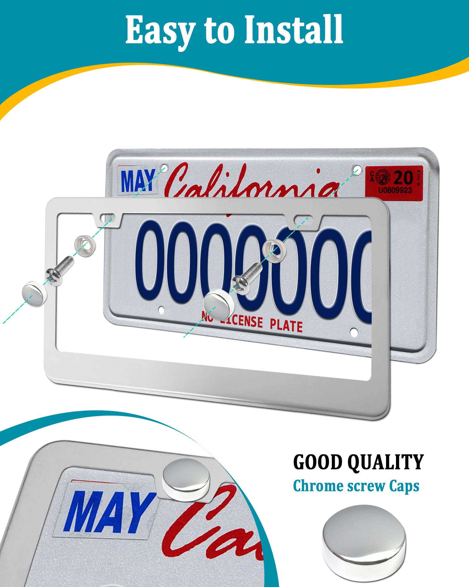 Aootf Stainless Steel License Plate Frames- Heavy Duty Polish Mirror Car Tag Cover With Chrome Screw Caps, 2 Hole 2 Pack Front &
