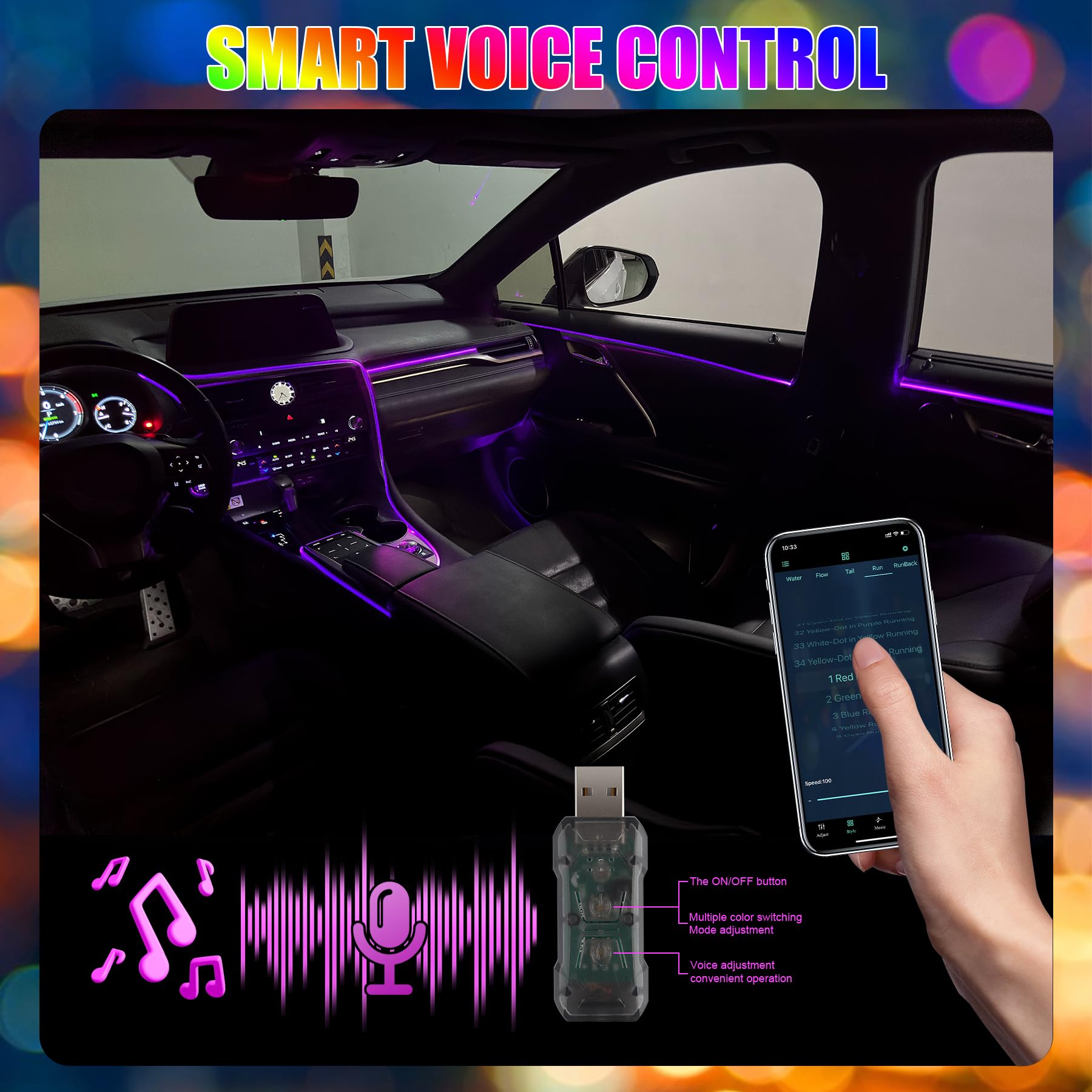 Livtee Smart Led Car Lights Interior With Usb Port, Led Strip Fiber Optic Ambient Lighting Car, Wireless App Control, Sync To Mu