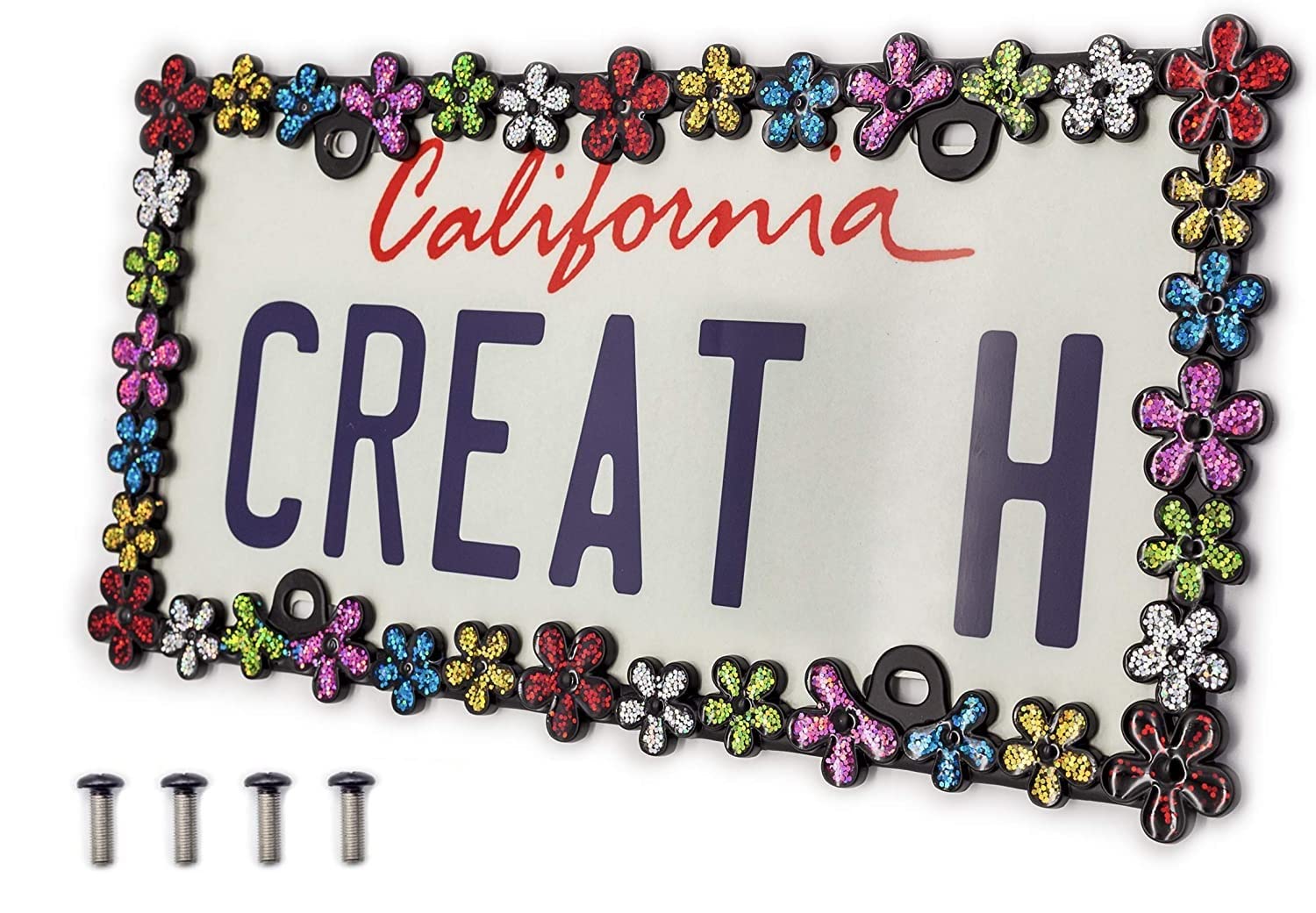 Creathome 3D Shining Daisy Wrenth License Plate Frame From Pure Zinc Alloy Metal Perfect Plate Holder, Matt Black With Colorful