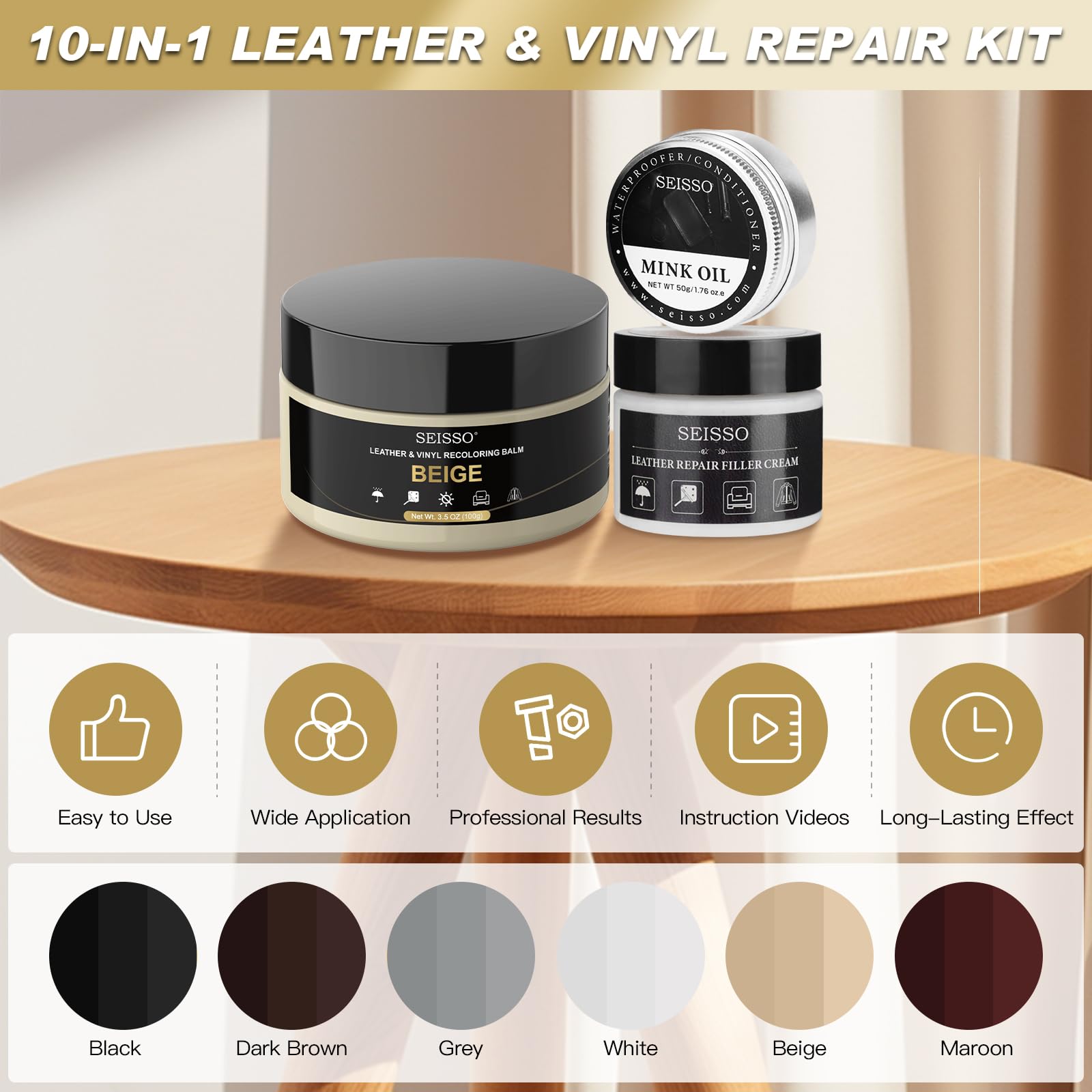SEISSO Leather Repair Kit for Furniture, Beige Vinyl Repair Kit with Mink Oil for Couches, Color Restorer Conditioner, Leather R