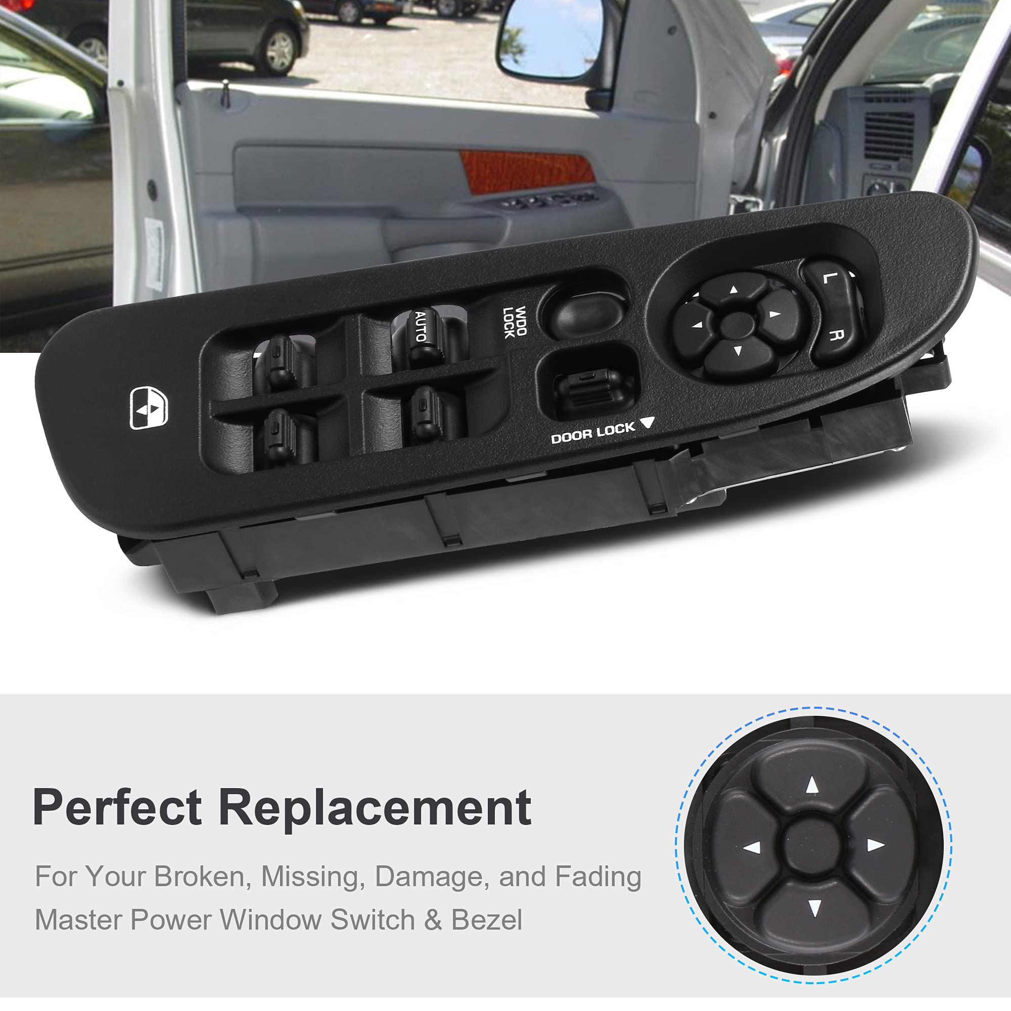 Basiker Master Power Window Switch And Bezel, Driver Side Window Switch Bezel Replacement For 2002 To 2010 Dodge Ram 1500 2500 3