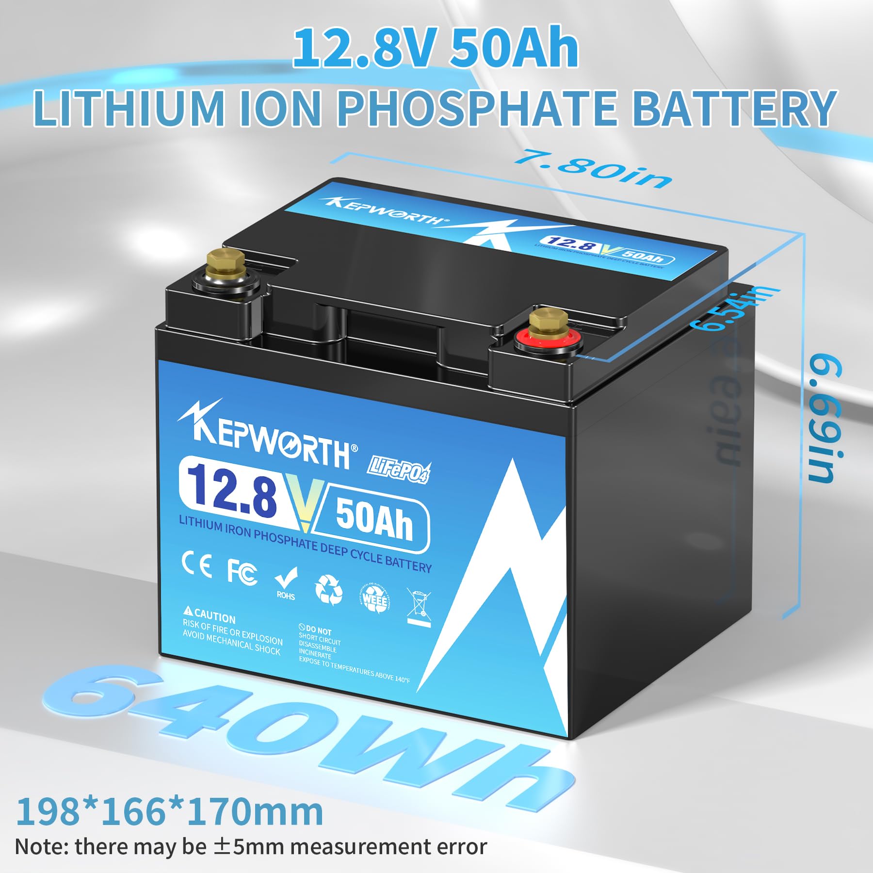KEPWORTH 12.8V 50Ah LiFePO4 Battery - Rechargeable Lithium with 50A BMS for Boat, RV, Solar Applications