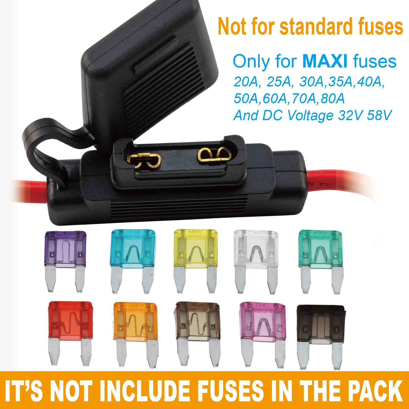 Vansiho 2Pcs Black In-Line 8 Gauge Awg Waterproof Fuse Holder For Maxi Fuse With 4Pcs Ul Wire Lugs 8 Awg 3/8 Inch Copper Stud Ri