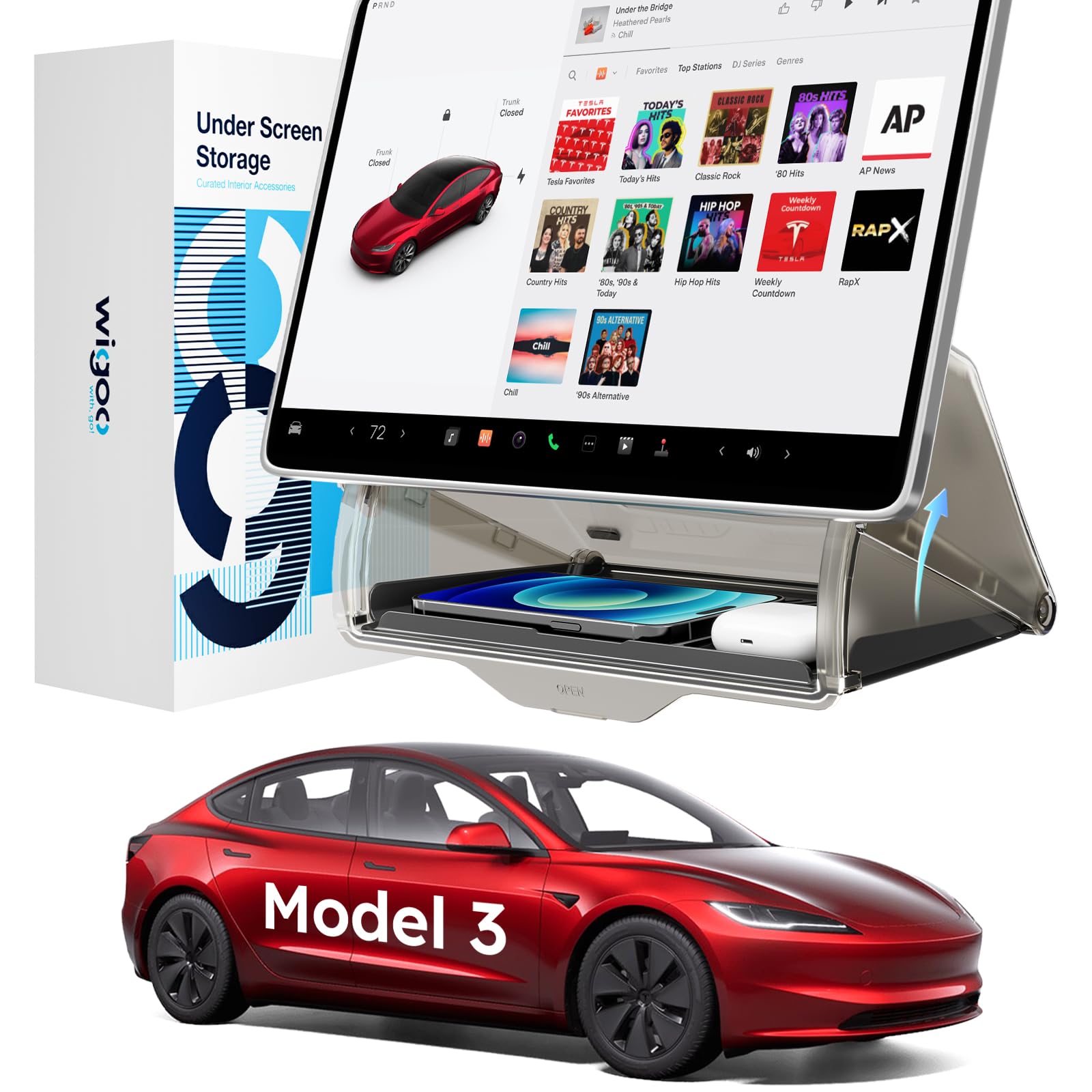 Wigoo 2025 Tesla Model 3 Accessories Under Screen Storage Box [Hidden Design & Stable Installation] Center Console Organizer Tra