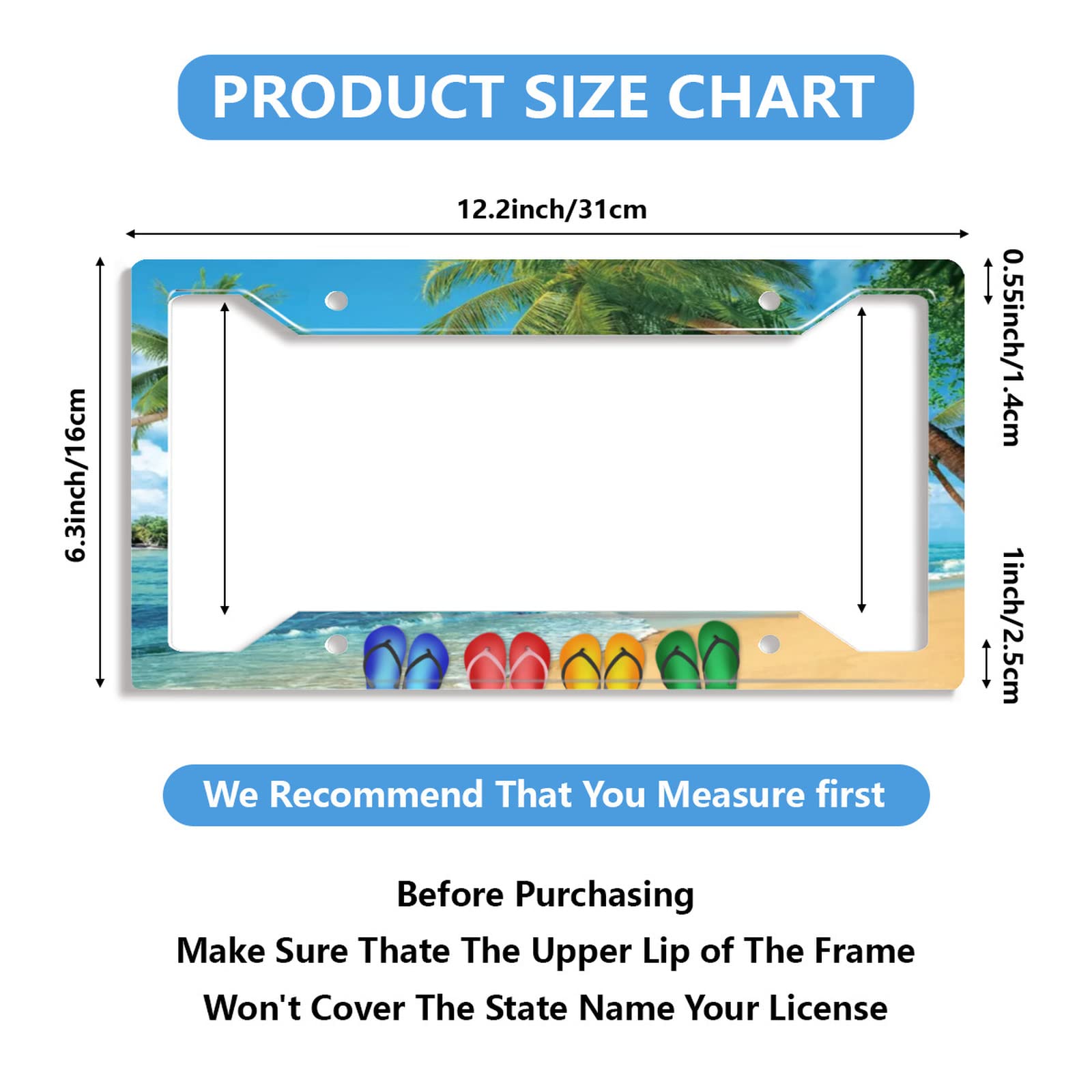 Hawaii Beach Flip Flops License Plate Frame Palm Tree 2Pcs For Car Decorative Parts License Plate For Standard Us Canada License