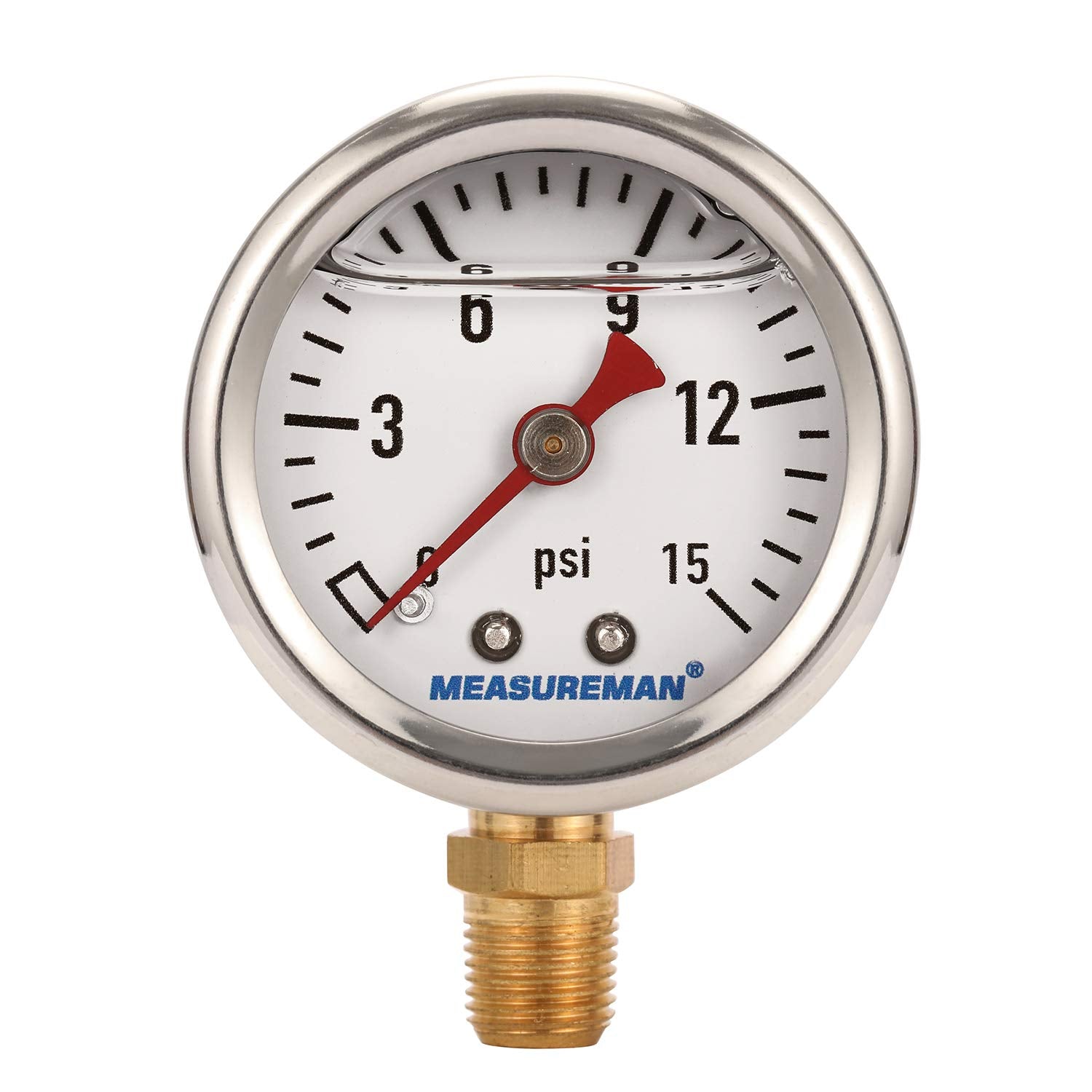 Measureman 1-1/2 '' Dial Size, Glycerin Filled Fuel Pressure Gauge, 304 Stainless Steel Case, 0-15Psi, +/-3-2-3%, 1/8 '' Npt Low