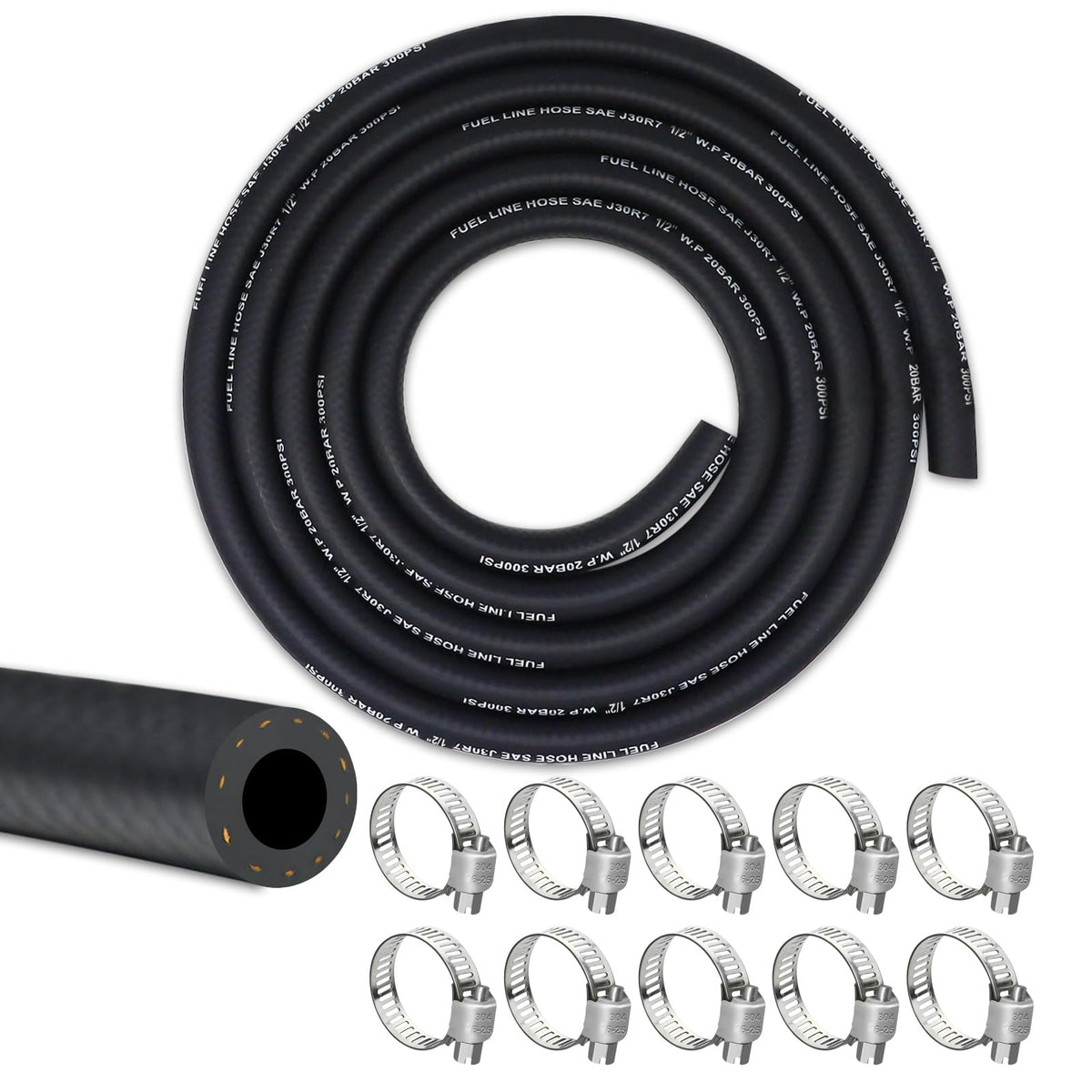 Vwtni 1/2 Fuel Line Hose 10 Feet, Nbr Rubber Gasoline Tube With 10 Pcs Stainless Steel Clamps, Fuel Line Kit
