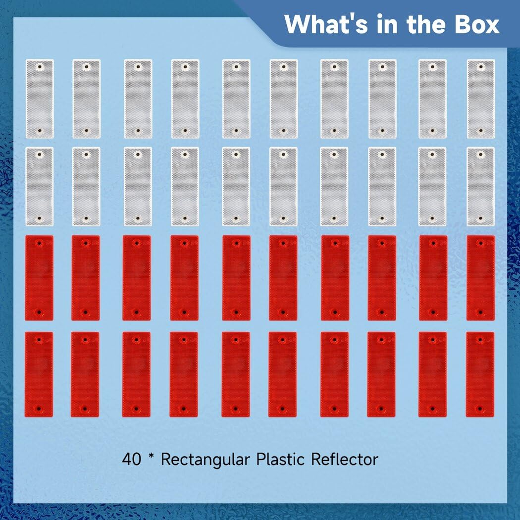 Homaisson 40 PCS Self-Adhesive Rectangular Reflectors, Red and White Plastic Car Reflectors, Stick-on or Screw Mount Universal R