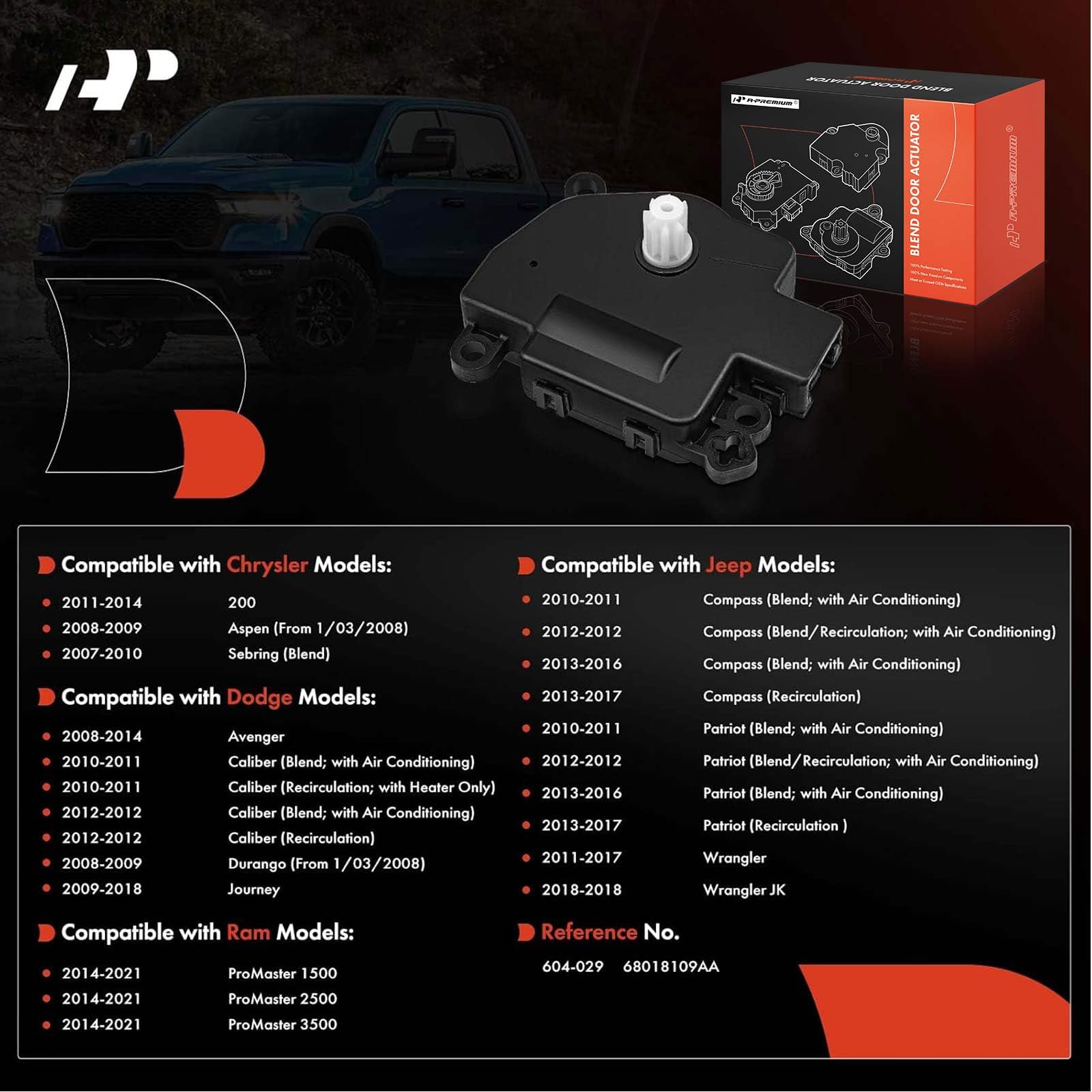 A-Premium Hvac Heater Blend Door Actuator, Compatible With Chrysler 200 Aspen Avenger Sebring, Dodge Caliber/Durango/Journey, Jeep Compass/Patriot/Wrangle, Ram Promaster Models, Replace# 68018109Aa