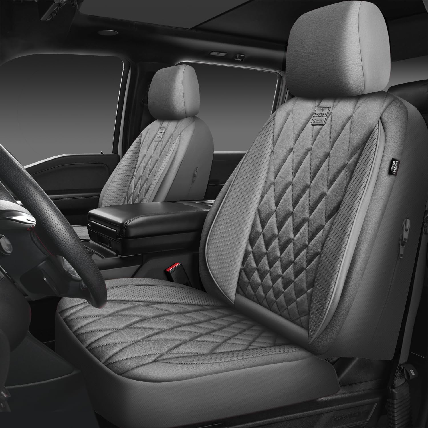 Car Pass Piping Luxury Pu Leather Two Front Car Seat Covers, Waterproof Anti Slip Seat Covers Compatible With Front Seat Armrest