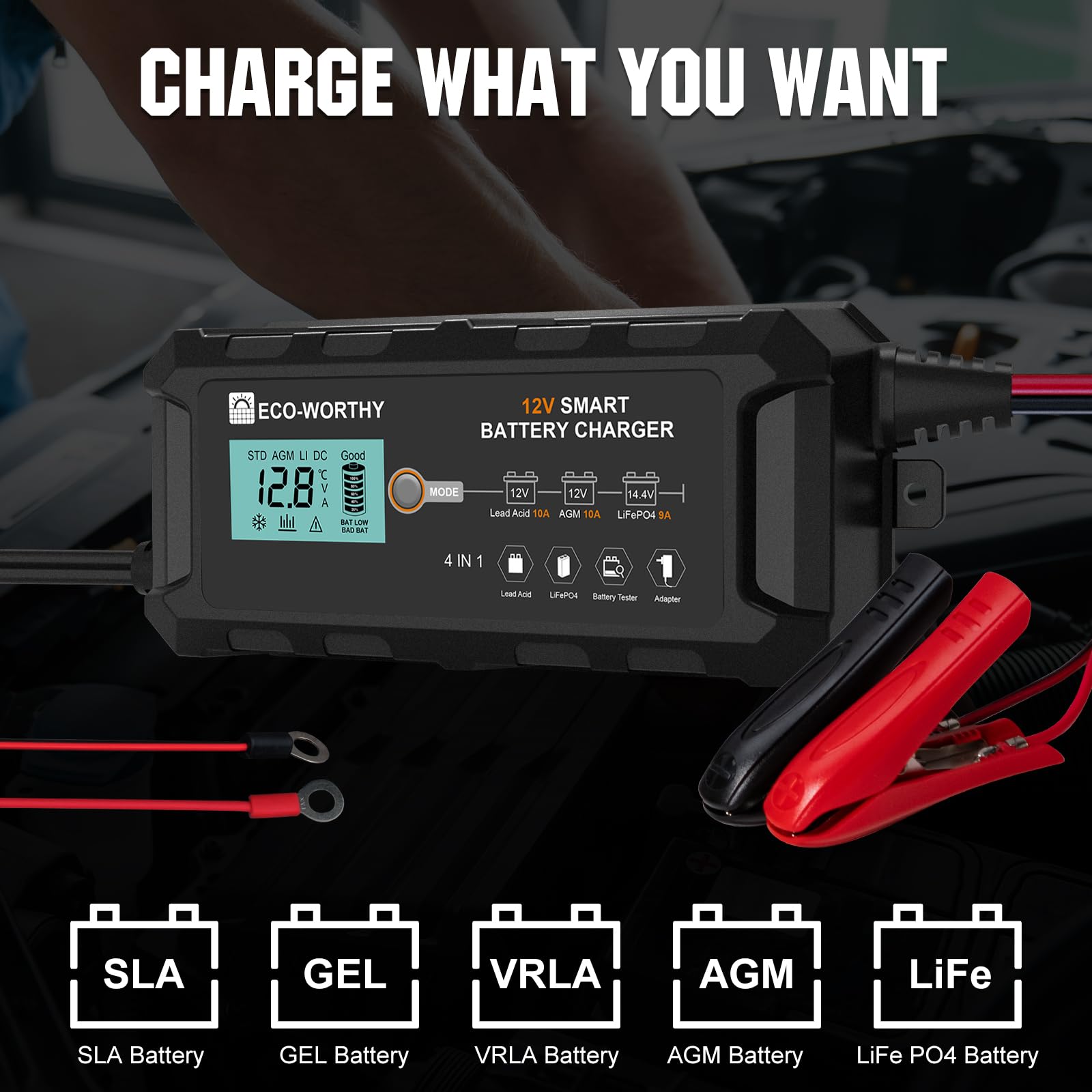 ECO-WORTHY 10-Amp 12V Smart Fully Automatic Battery Charger Maintainer Trickle Charger for Lead Acid LiFePO4 Battery Car Motorcy