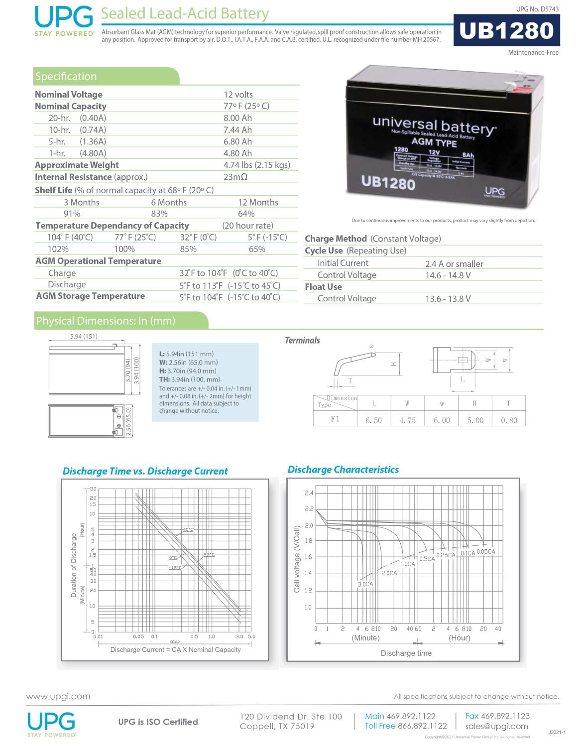Universal - Ub1280 12V 8Ah Sealed Lead Acid Battery F1 .187 Tt