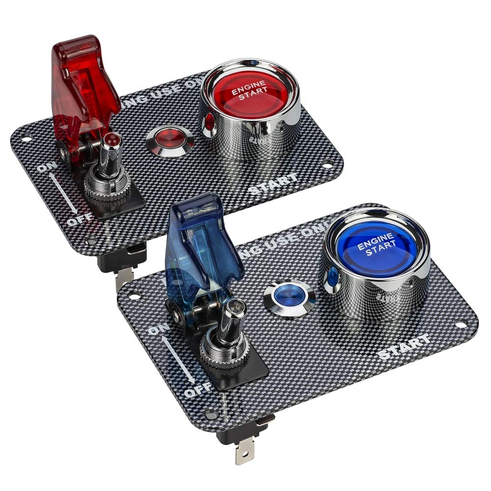 Jtron DC12V Racing Car Ignition Switch Panel Carbon Fiber Rocking Switch+Engine Start Push Button with Blue Indicator Light (Blu