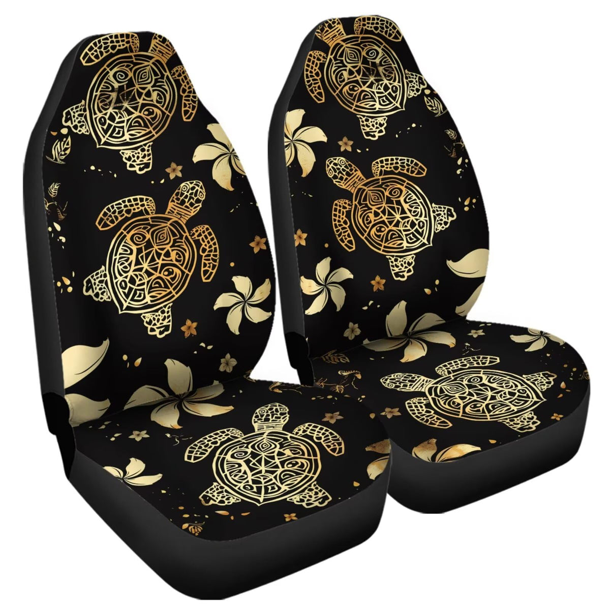 UNICEU Golden Floral Turtle Car Seat Covers for Front Seats,Hibiscus Flower Sea Turtle Auto Seat Cover Accessories for Women Uni