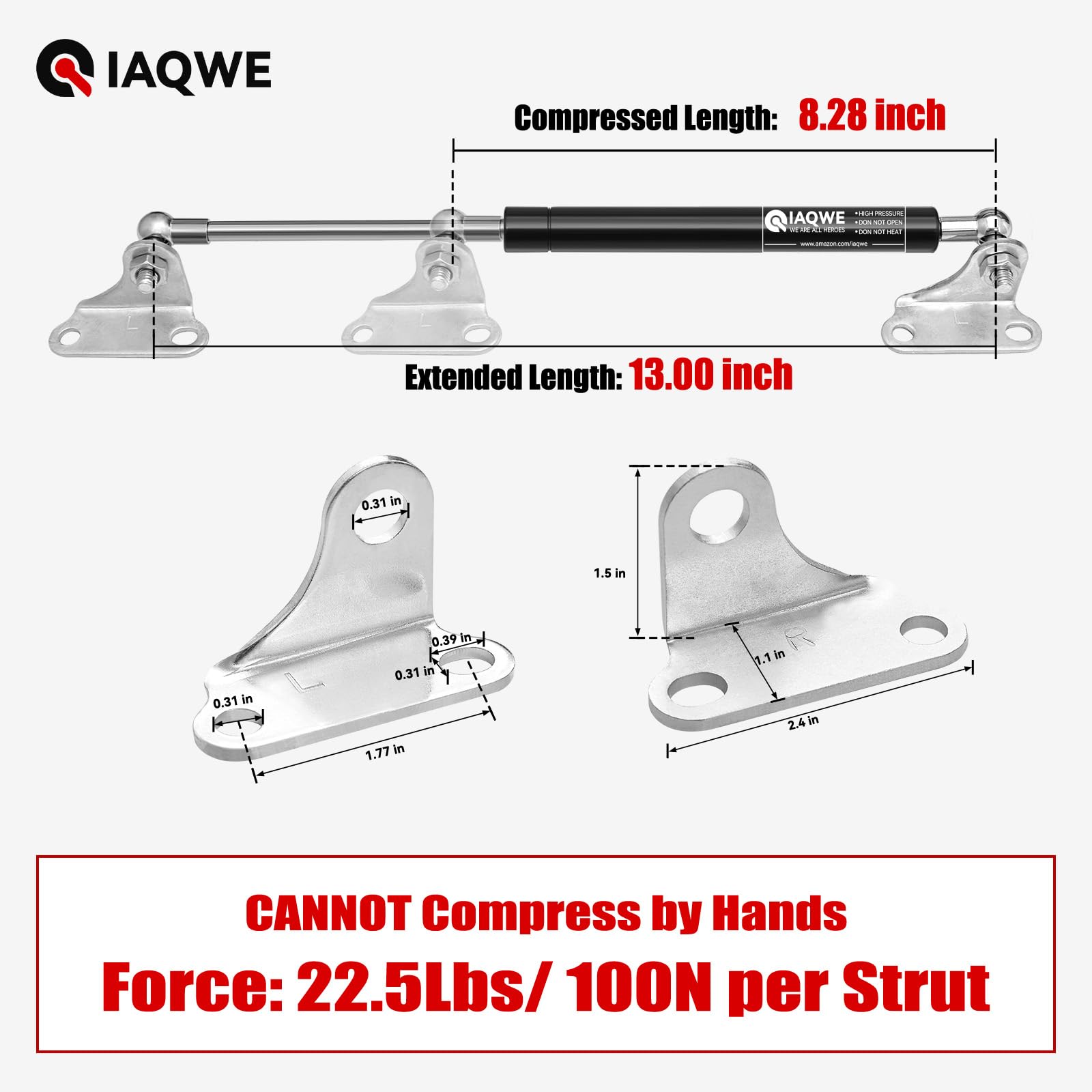 IAQWE 13 Inch Gas Struts 22.5Lb/100N Spring Shock Lift Support with L-Type Mounts for TV Cabinet Canopy Cover Lid Door Floor Hat