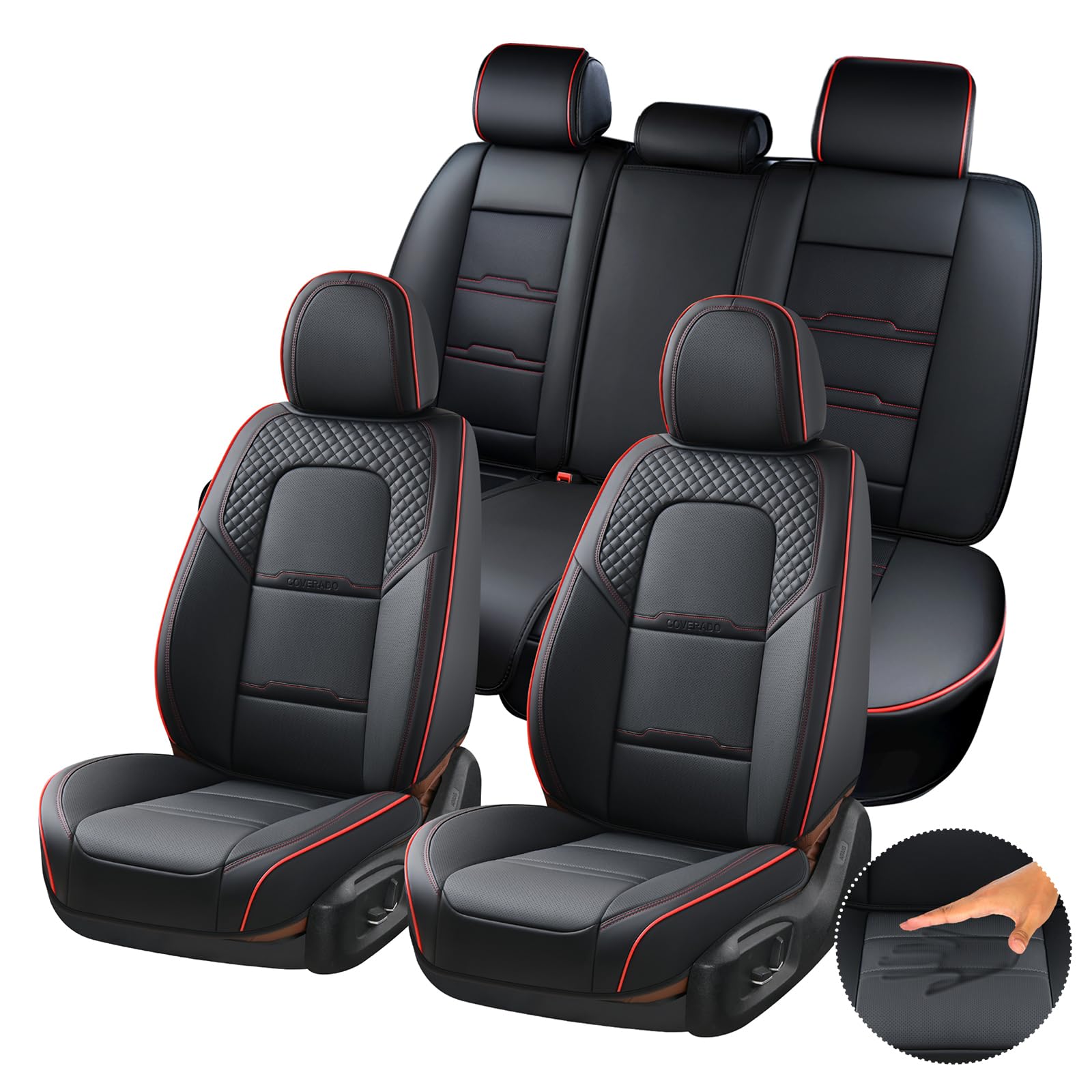 Coverado Car Seat Covers Full Set, 5 Piece Car Seat Protector With Removable Headrest, Nappa Leather Breathable Front Rear Seat