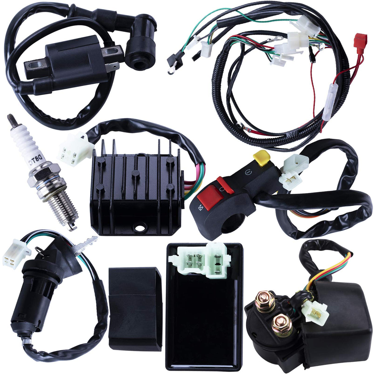 Complete Electrics Wiring Harness CDI Ignition Coil Solenoid Relay Spark Plug Kits for Chinese 4-Stroke ATV Quad Dirt Bike 150cc
