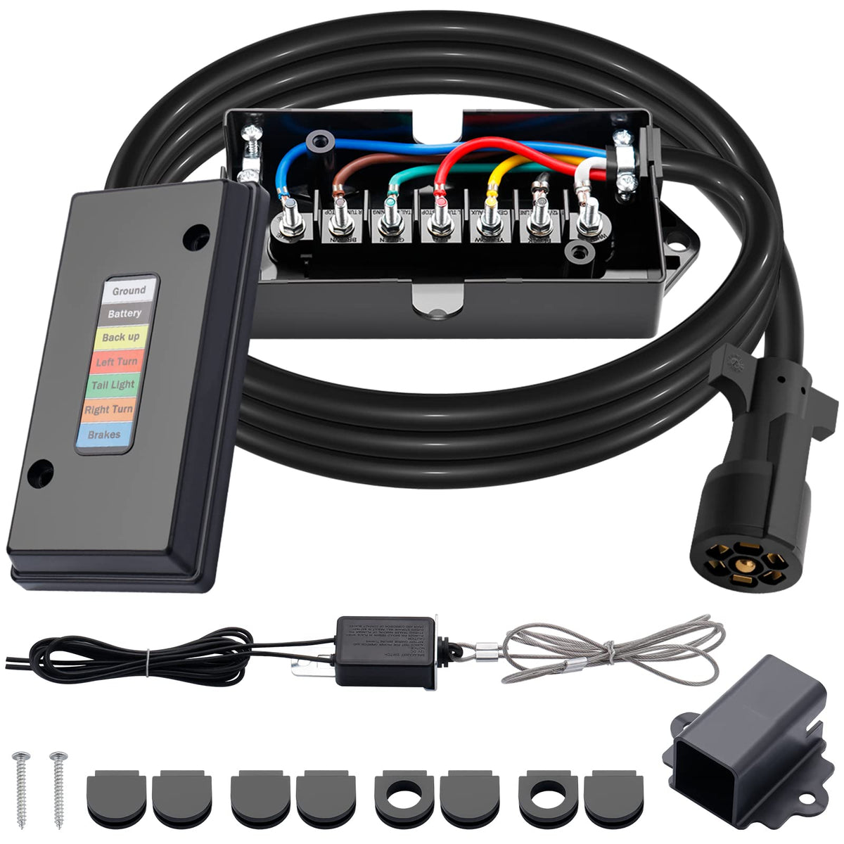 Cheemuii 7 Way Trailer Cord And 7 Gang Junction Box Kit With 12V Breakaway Switch And Plug Holder Heavy Duty 8 Ft Cable Wiring H