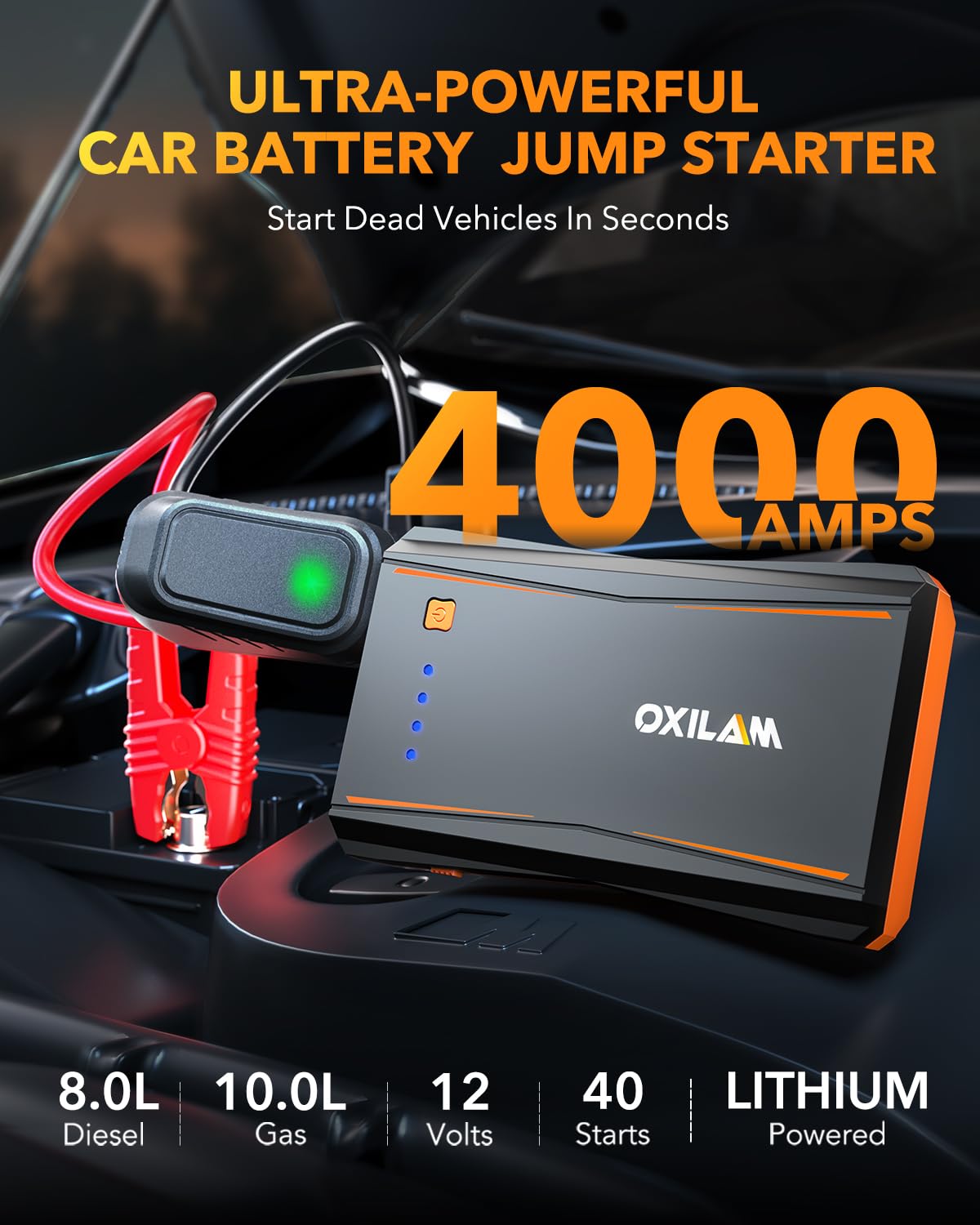 Oxilam Jump Starter, 4000A Peak Car Battery Jumper Starter Portable, Up To 10L Gas And 8L Diesel Engines, 12V Jumper Cables With