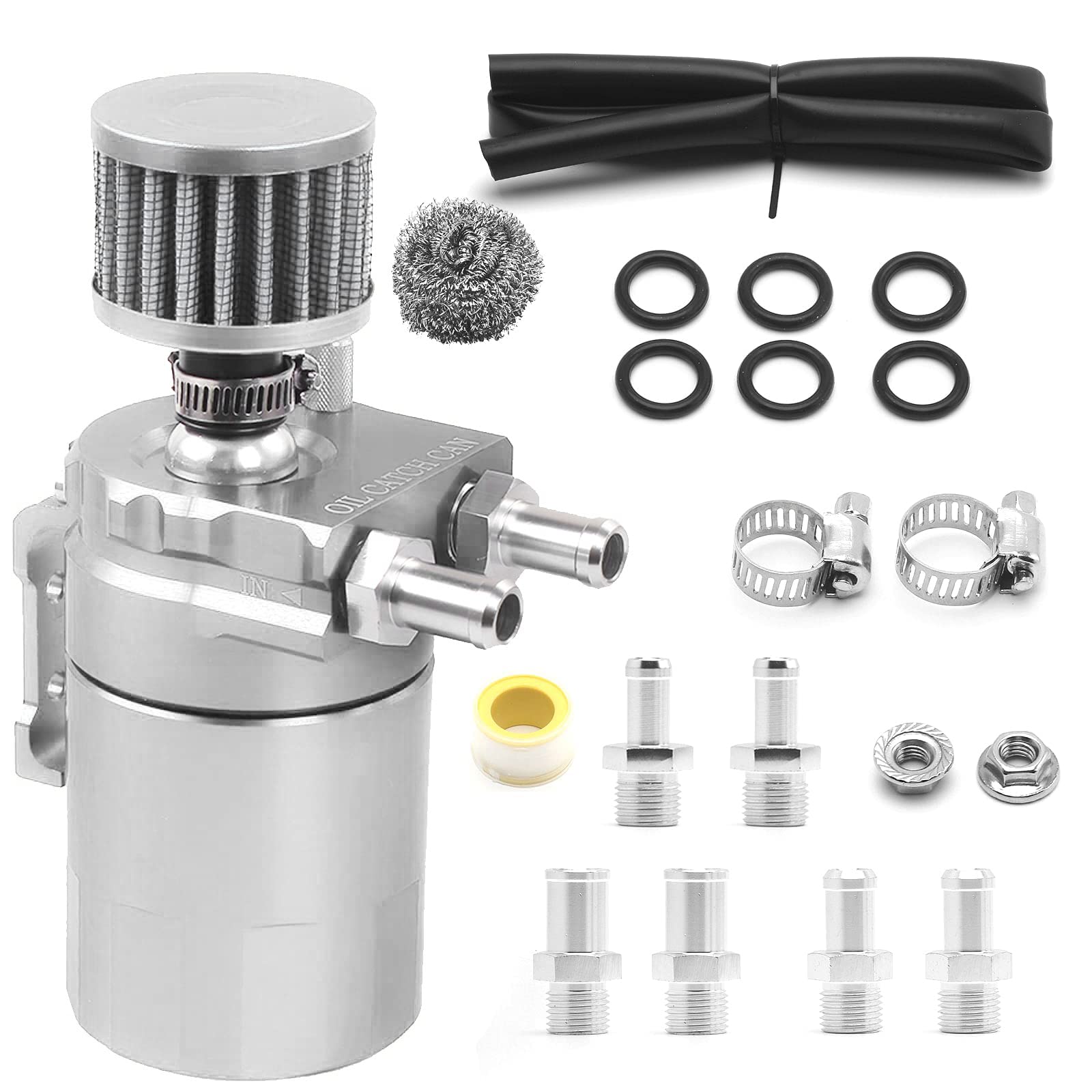 Muge Racing Universal Oil Catch Can Tank Kit Polish Baffled Reservoir With Breather Filter With 3/8'' Fuel Line, Aluminum, Silve