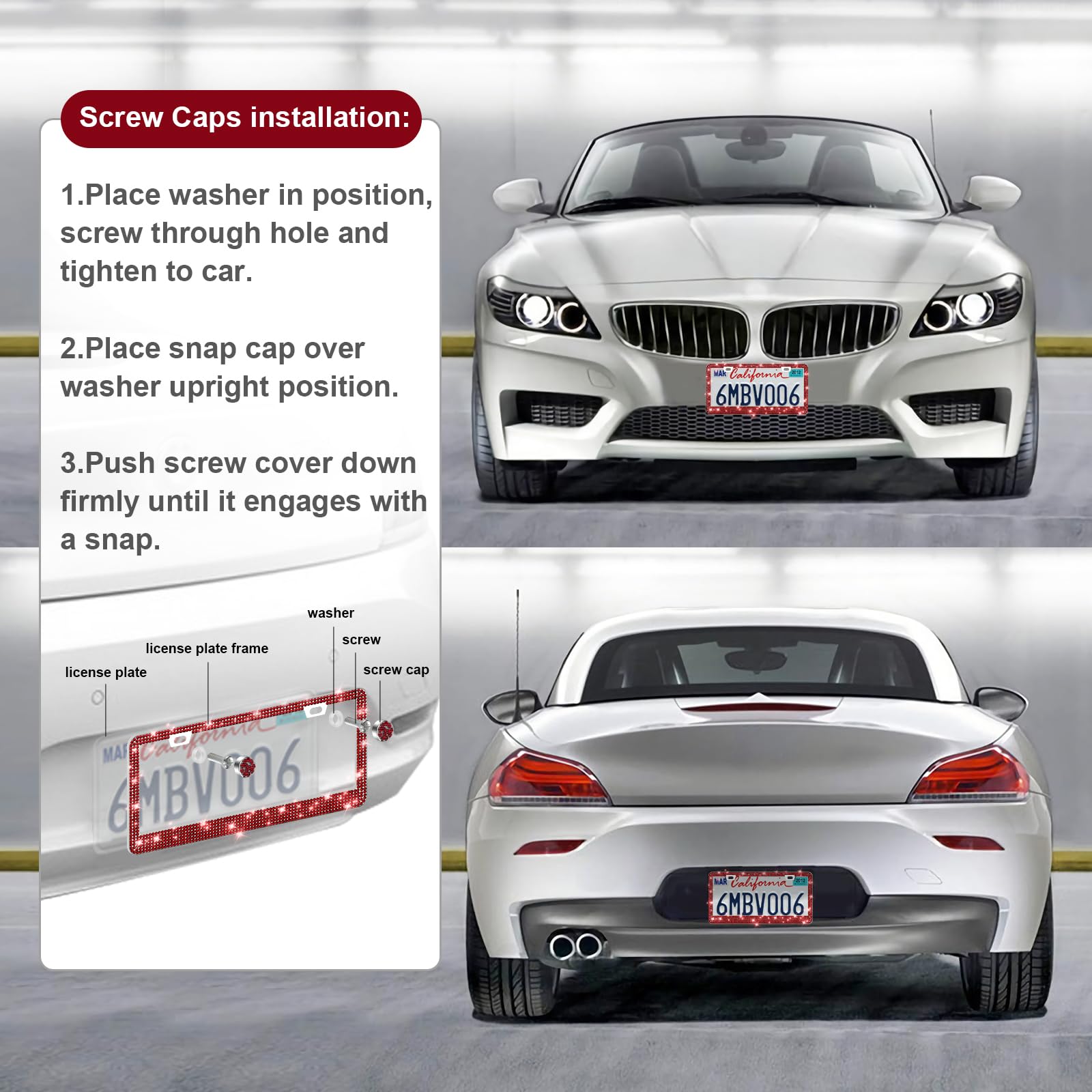 Quanqiufei 2 Pack Bling License Plate Frames For Women, Sparkly Rhinestone Diamond Car Accessories With Glitter Crystal Caps (Bu