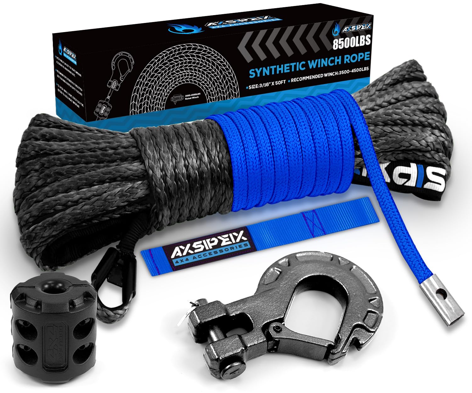 Synthetic Winch Rope Kit, 3/16 x 50ft 8500LBS Blue+Black Winch Cable with Protective Sleeve, Forged Winch Hook, Rubber Stopper a