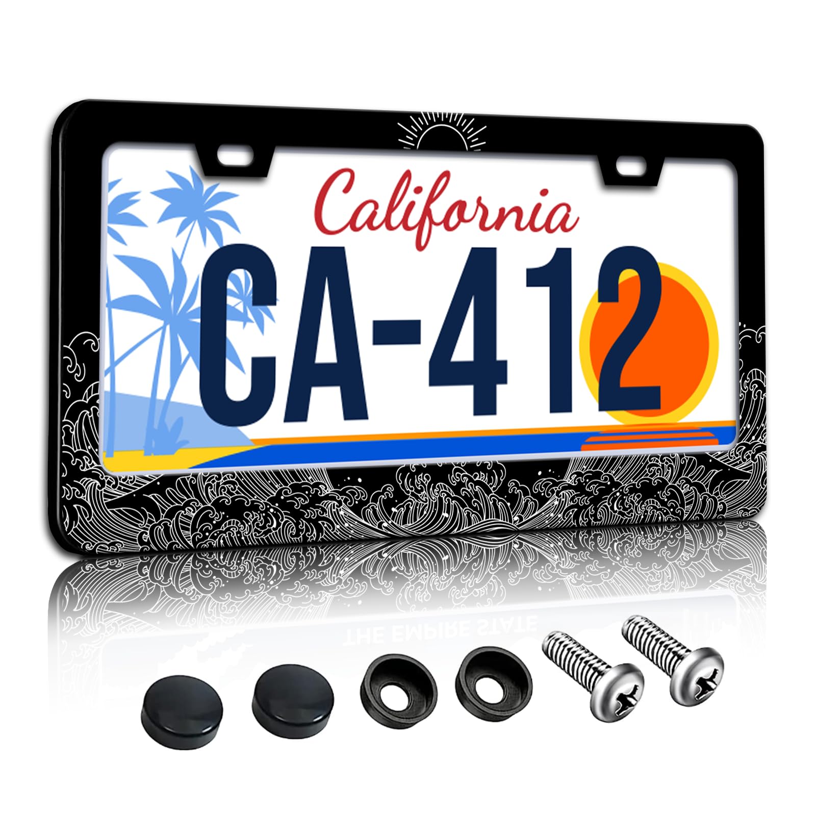 Abstract Ocean Waves License Plate Frames Big Sun Traditional Wave License Plate Holder for Car Decor Parts Stainless Steel Lice