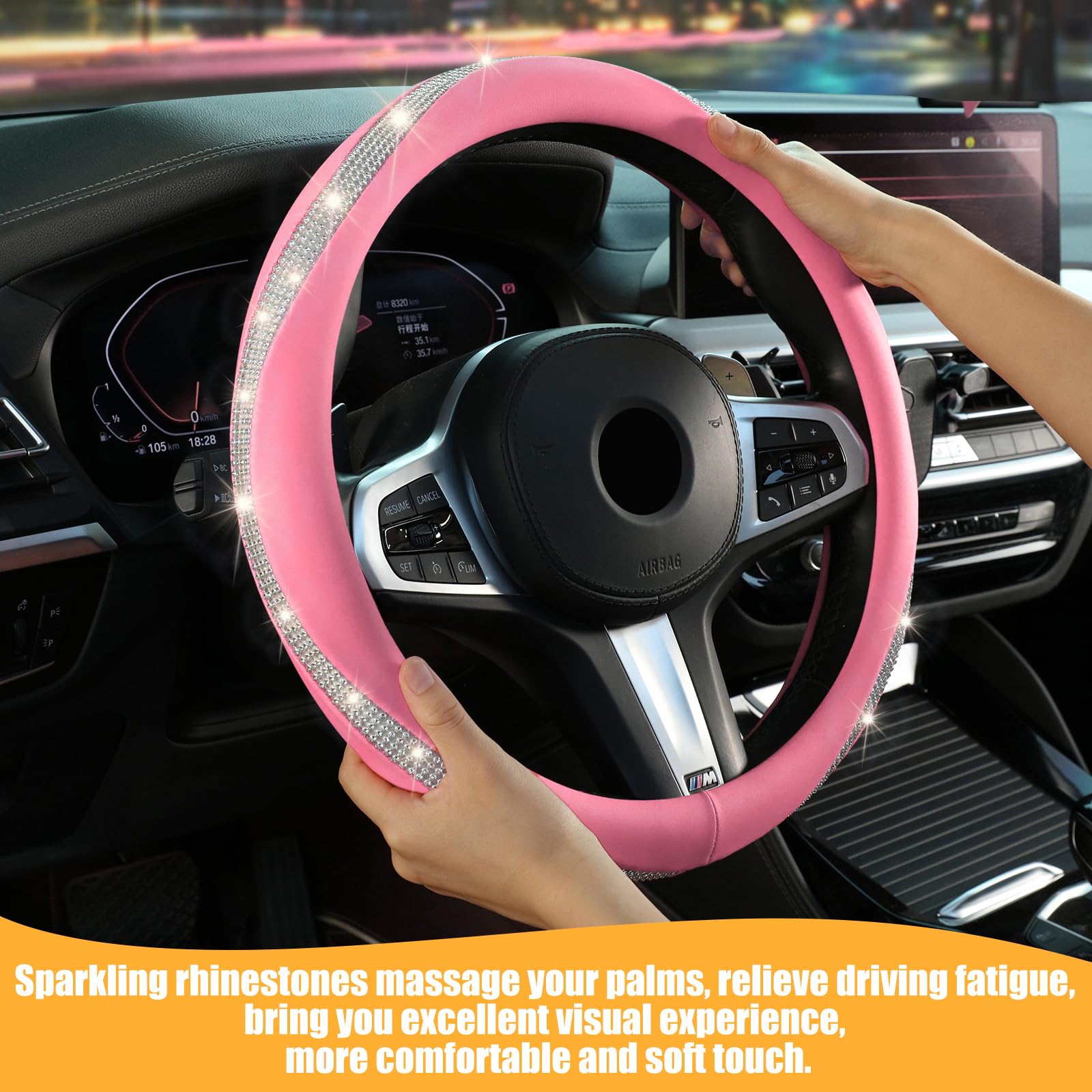 New Diamond Leather Steering Wheel Cover with Bling Crystal Rhinestone, Delicate and Anti-Slip Sparkly ,Adaptable to 14.5-15 inc