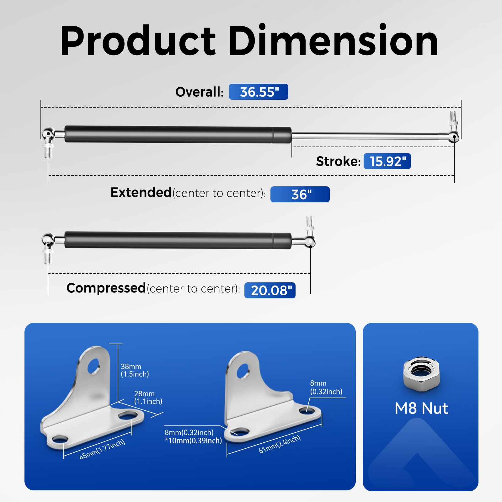 Arana Gas Struts 36 Inch 250Lb Gas Springs Shocks With Mounting Brackets, 36'' Hydraulic Lift Support For Heavy Duty Lid Rv Bed