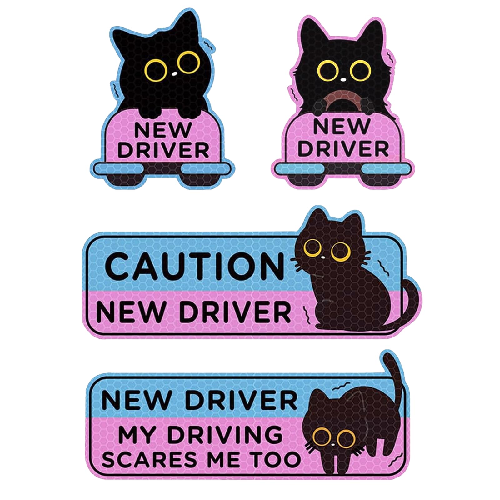 4Pcs Black Cat New Driver Magnet for Car, Reflective Student Driver Sign with Cute Shivering Cat Design, Reusable Bumper Safety 