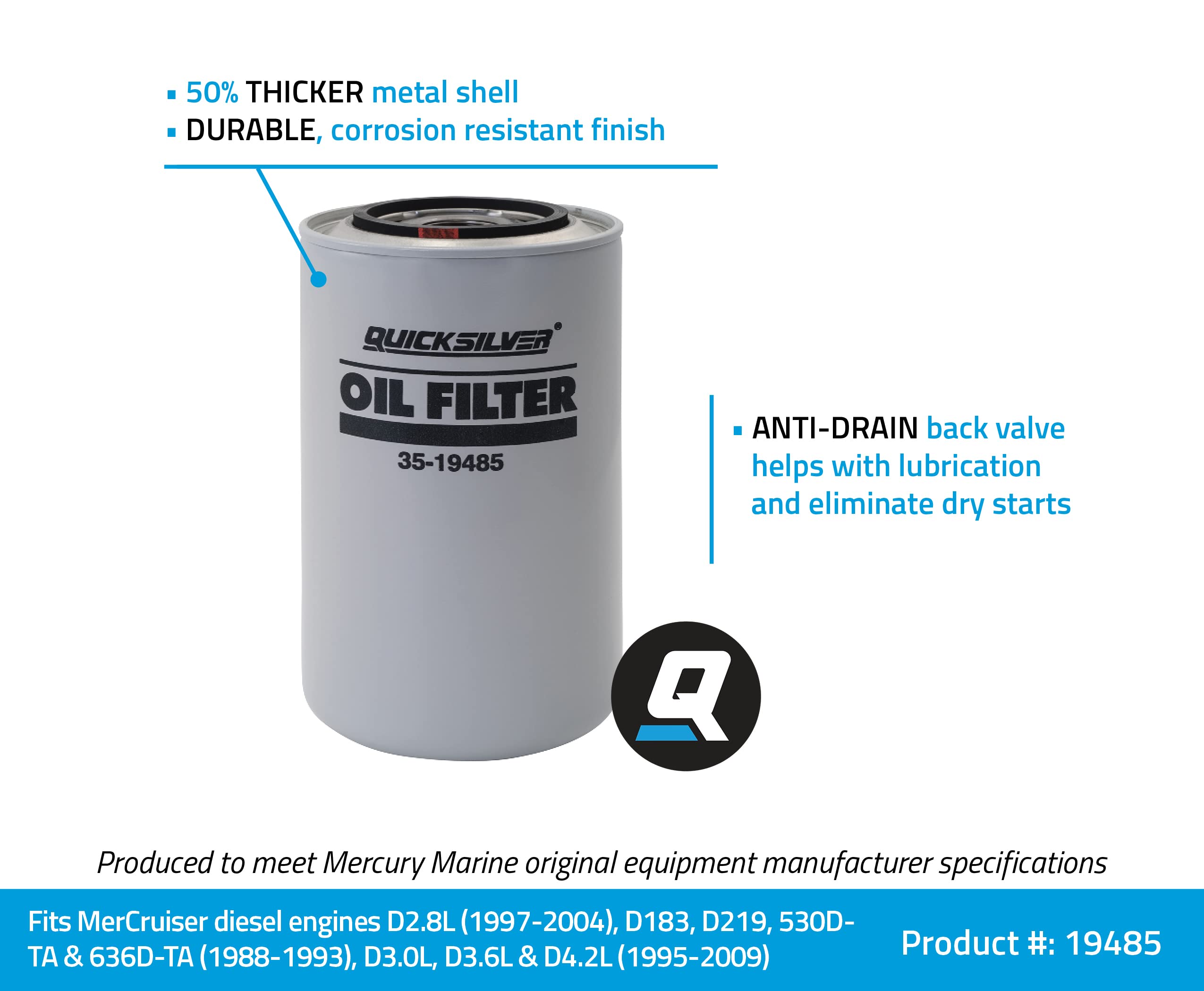 Quicksilver 19485 Oil Filter For Mercruiser Diesel Engines