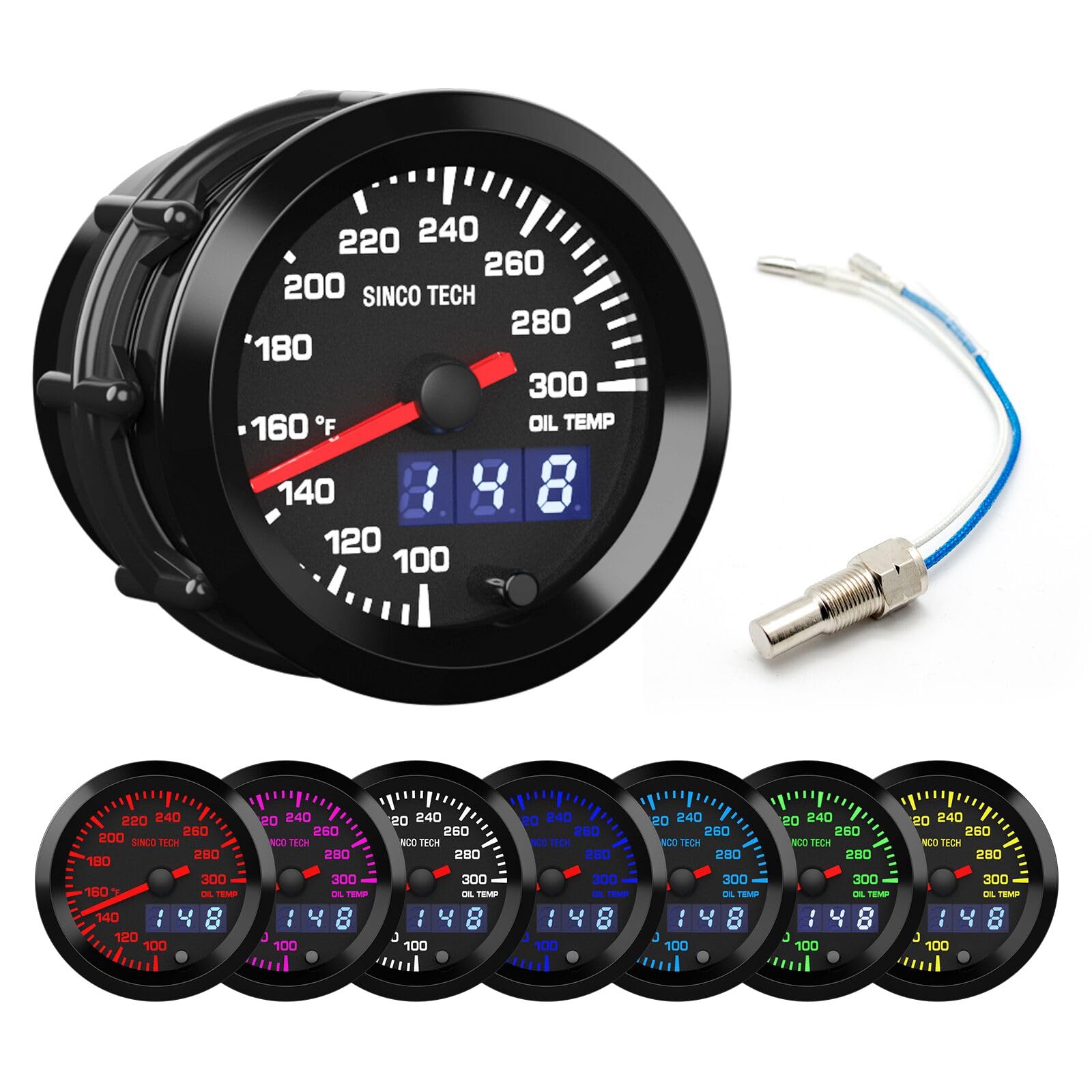 SINCO TECH 52mm Gauge Car Meter Digital Display Pointer 7 Colors Backlight 12V Universal Gauge Kit (Oil Temp F)
