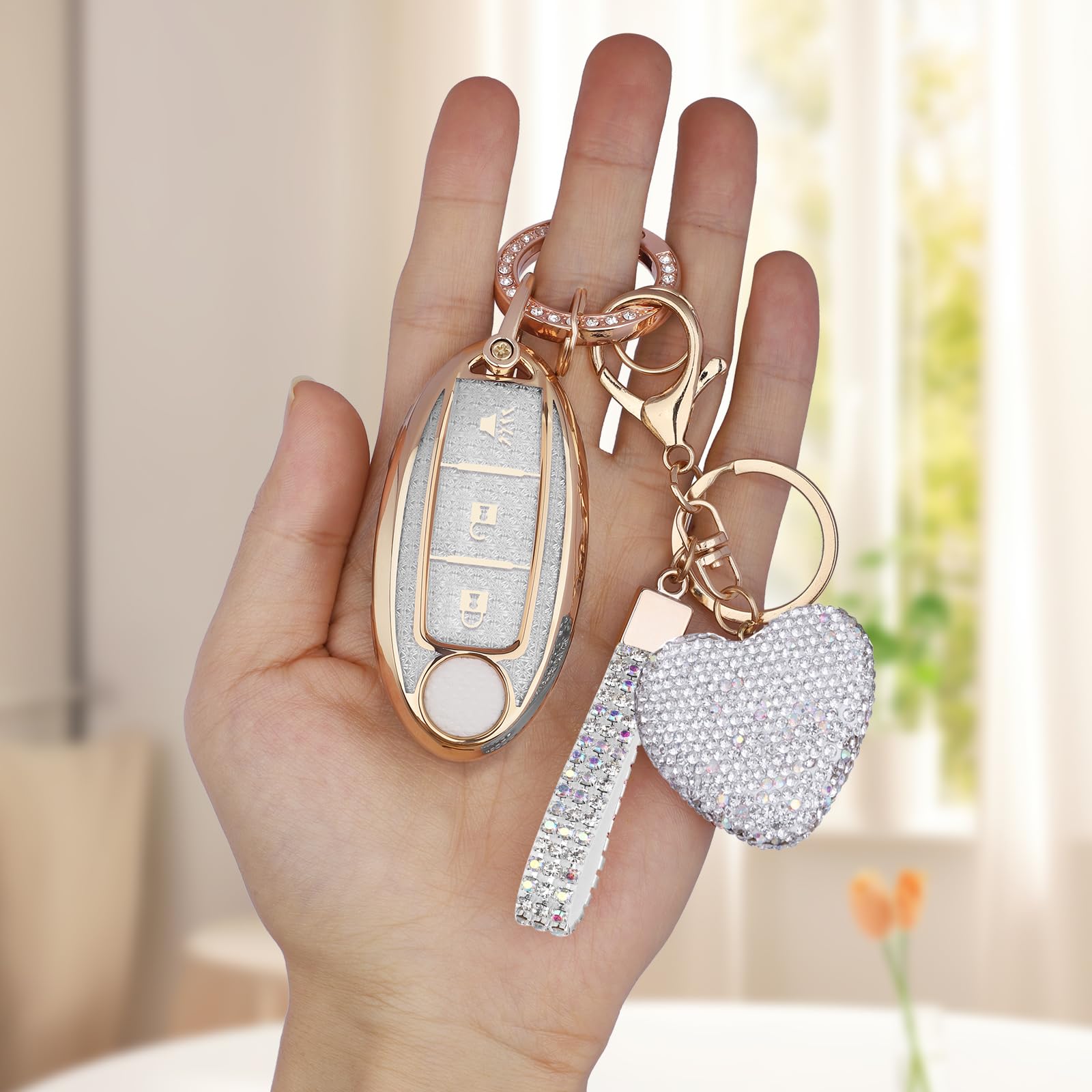 Meruns Compatiable with 3 Buttons Key fob Cover with Diamond Bling Keychain Keys Shell TPU for Rogue Armada Pathfinder Versa Sma