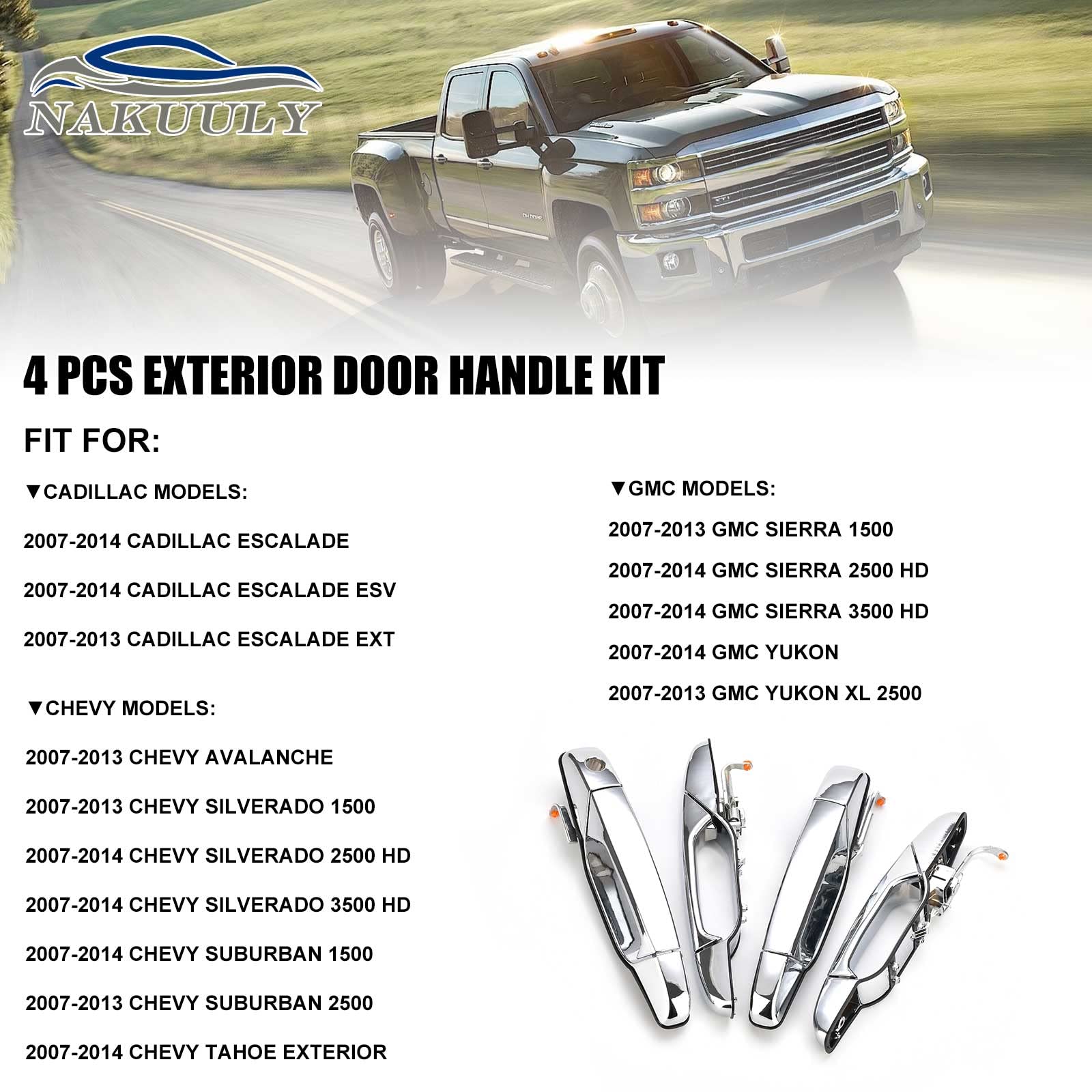 Nakuuly Exterior Chrome Door Handle 4 Pcs Front Rear Driver & Passenger Compatible With 2007-2014 Cadillac Escalade Chevy Avalan