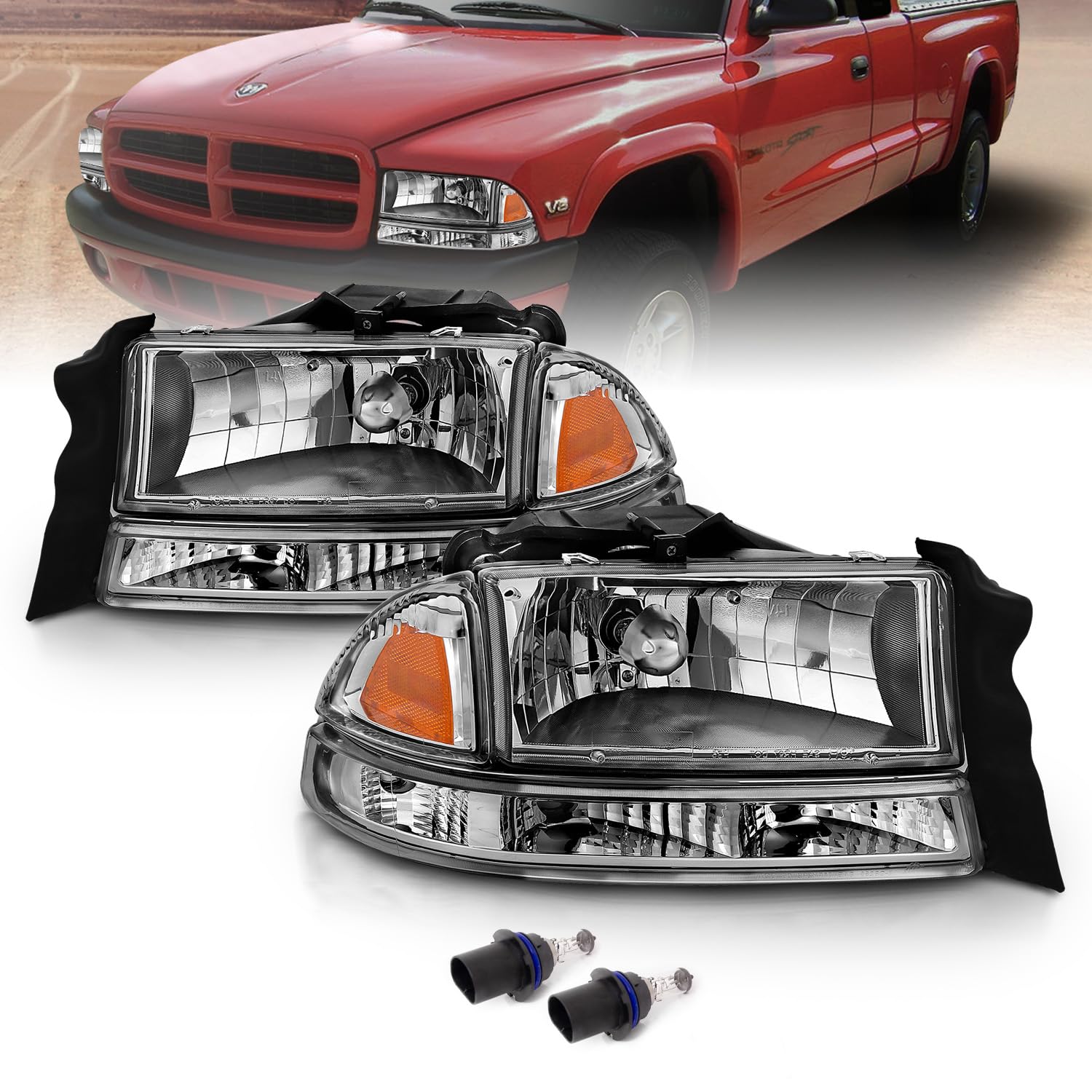 Amerilite Chrome Replacement Headlights Corner/Parking Sets For Dodge Dakota/Durango Driver And Passenger Side